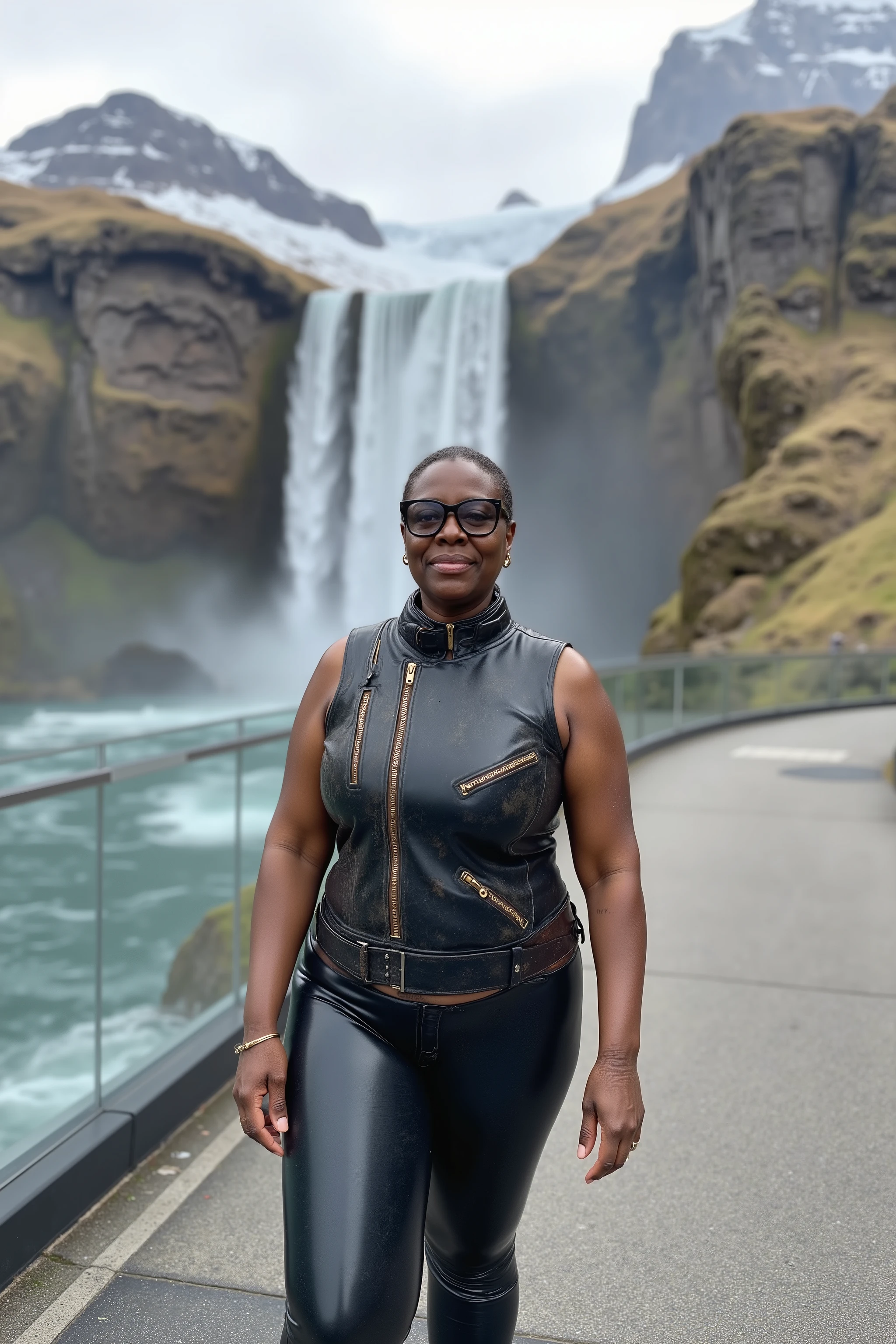 a 58 year old fat obese woman, African American, dark skin, oily skin, shiny arms, wearing a sleeveless cafe racer jkt that is made from 1970s leather dirty grimy appearance black leather, heavy brown belt around the collar, the woman wears black shining polished latex pants, the woman stands at the side of a waterfall on a pedestrian path with a glass wall protecting her from the splash of the waterfall, the waterfall is massive and tall, the waterfall is surrounded by highly detailed mountains with arctic snow caps