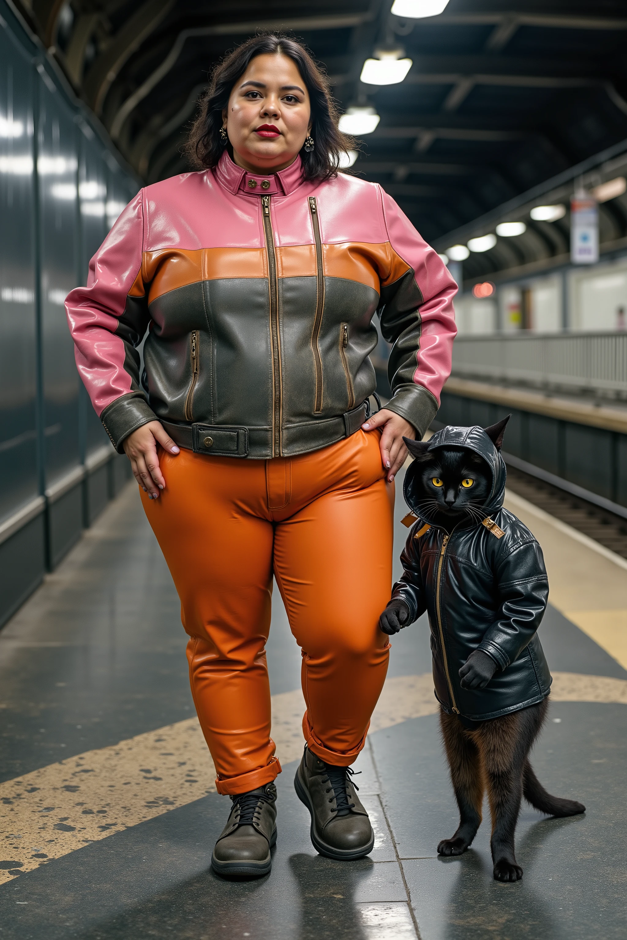 a wide screen cinematic image, in a train station subway made of black marble, a fat Asian woman weighing 289 pounds, wearing a cafe racer jkt that is bright pink and orange striped, wearing orange leather pants, her leather outfit is from the 1970s, vintage leather with heavy grime and wear, a small cute black cat stands near the woman wearing a shining black raincoat with a hood that has holes for the cats ears, the raincoat has metallic sparkle