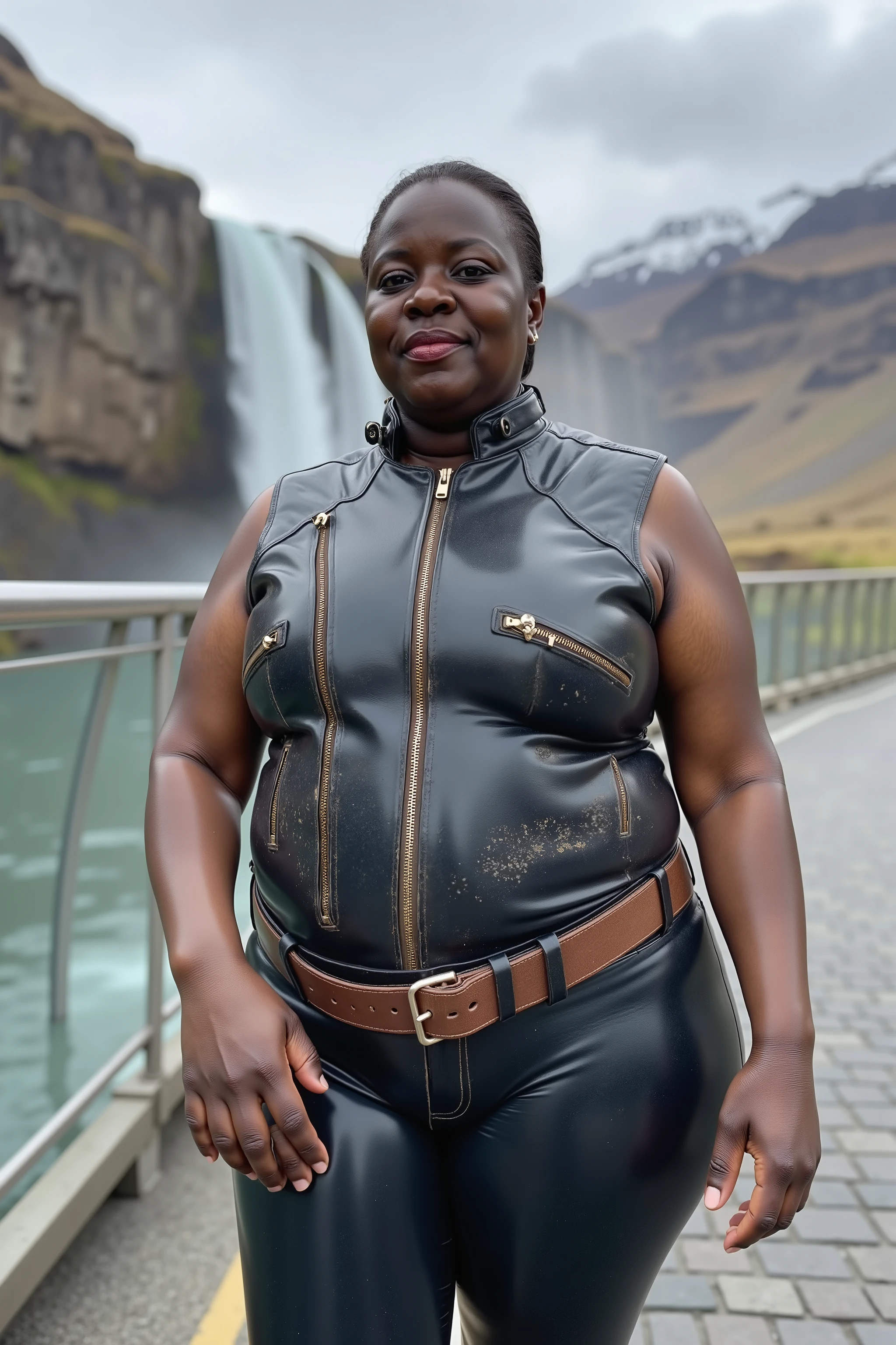 a 58 year old fat obese woman, African American, dark skin, oily skin, shiny arms, wearing a sleeveless cafe racer jkt that is made from 1970s leather dirty grimy appearance black leather, heavy brown belt around the collar, the woman wears black shining polished latex pants, the woman stands at the side of a waterfall on a pedestrian path with a glass wall protecting her from the splash of the waterfall, the waterfall is massive and tall, the waterfall is surrounded by highly detailed mountains with arctic snow caps
