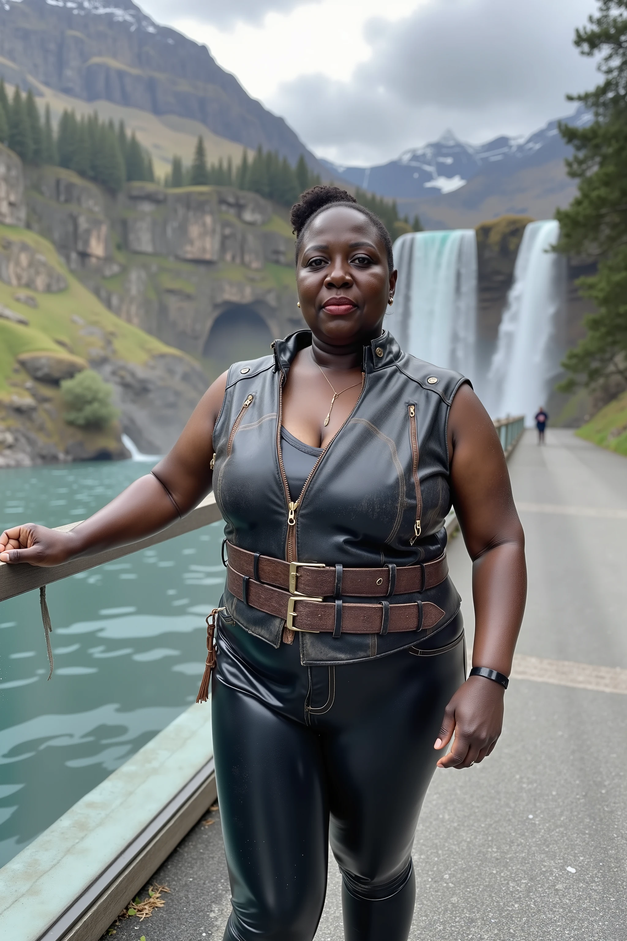 a 58 year old fat obese woman, African American, dark skin, oily skin, shiny arms, wearing a sleeveless cafe racer jkt that is made from 1970s leather dirty grimy appearance black leather, heavy brown belt around the collar, the woman wears black shining polished latex pants, the woman stands at the side of a waterfall on a pedestrian path with a glass wall protecting her from the splash of the waterfall, the waterfall is massive and tall, the waterfall is surrounded by highly detailed mountains with arctic snow caps