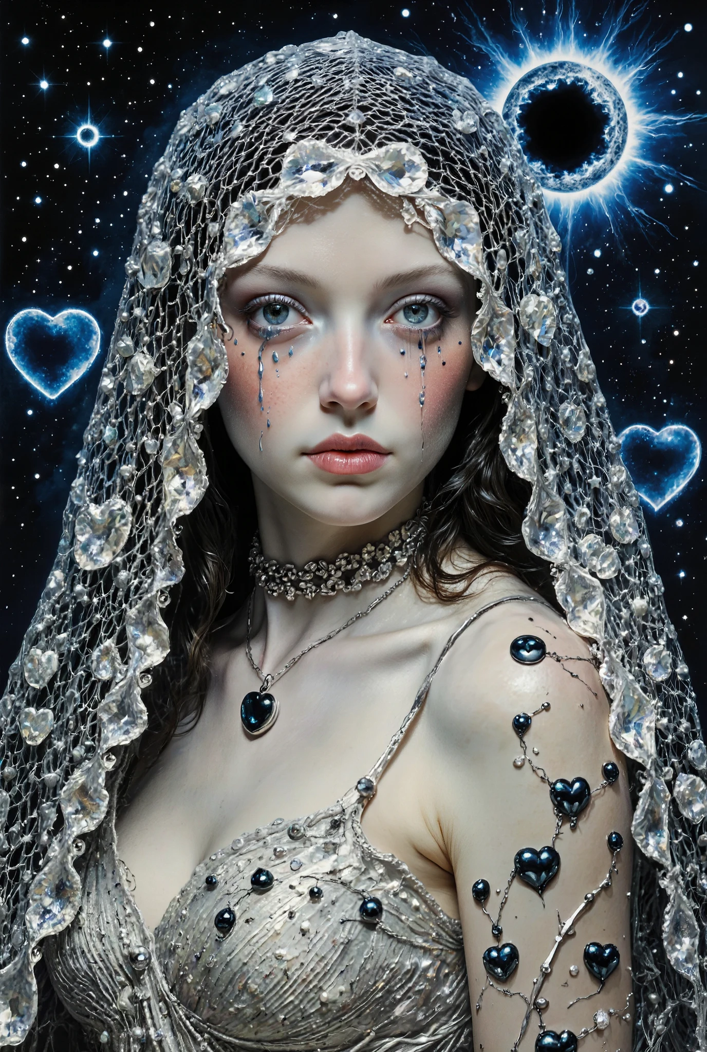 A close-up portrait of a woman whose mesh silver veil is embroidered with constellations of black pearls.She looks over my shoulder. Her expression is calm, but her eyes are sparkling with crystal tears reflecting the moonlight. The background lives its own life, then pulsates with the cold energy of blue empty hearts, then passes into the void, where a faint whisper of pagan chants can be heard. Around her neck hangs a cosmic pendant in the shape of a black hole. The palette combines silver-ash, eclipse blue, and pale ivory, depicting a prophecy buried in sorrow.