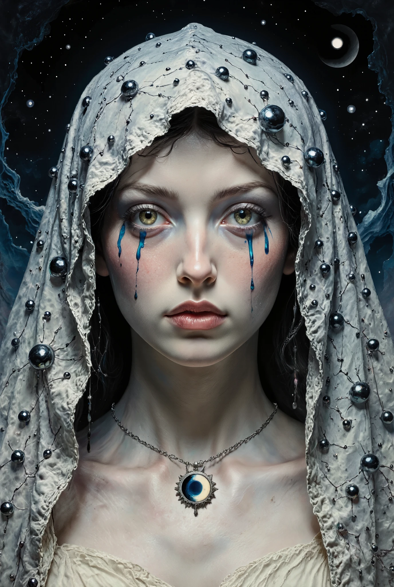 A close-up portrait of a woman whose veil is embroidered with constellations of black pearls. Her expression is calm, yet tears of silver trace down her eyes, catching dim light. The background fades into a void where faint whispers of chanting linger. Around her neck hangs a pendant shaped like an eclipse.
The palette unites silver ash, eclipse blue, and pale ivory, portraying prophecy buried in sorrow