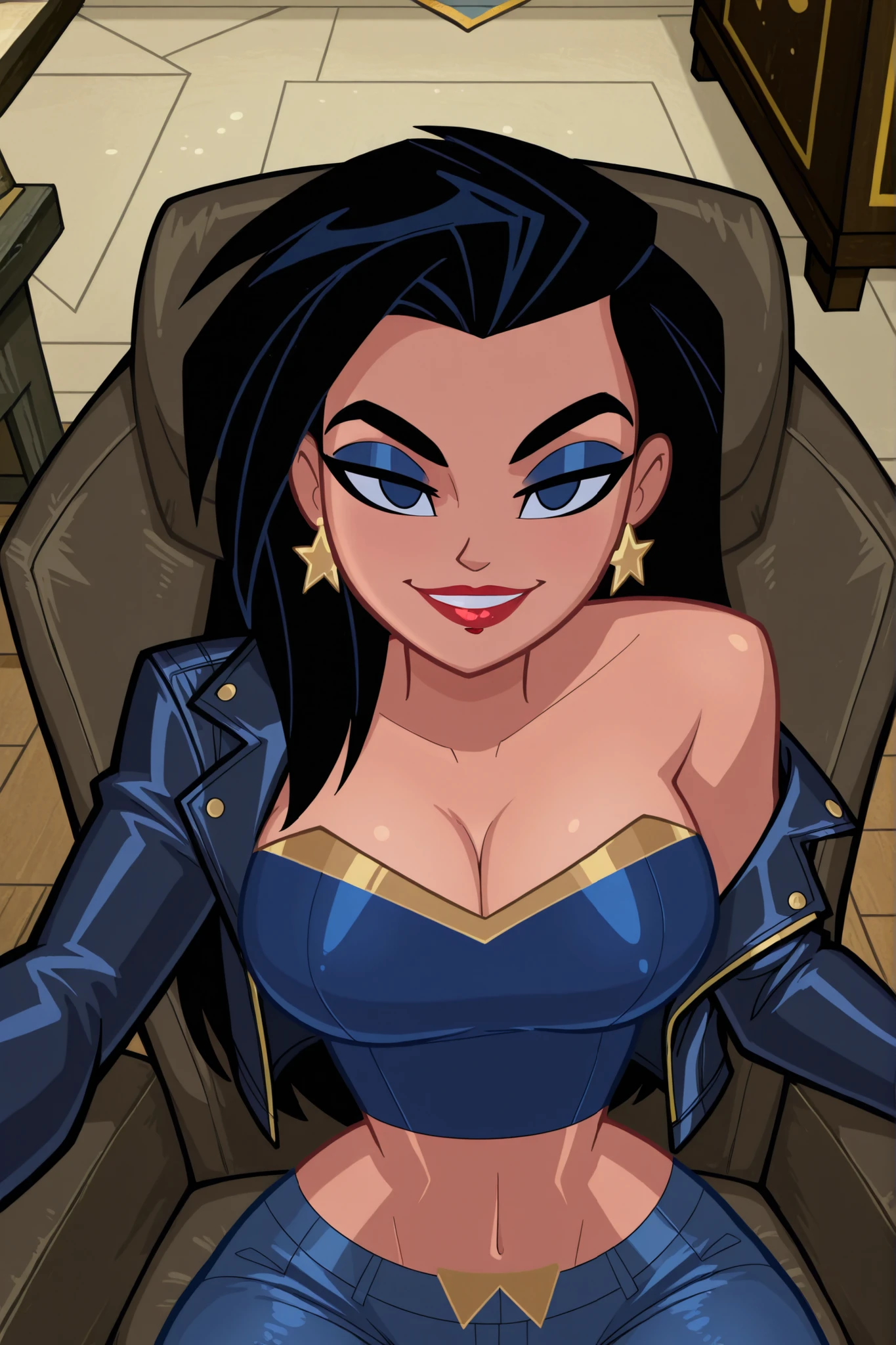 BREAK, score_6_up, score_9, score_8_up, score_7_up, ultra quality, solo, 1girl, wonderwomanjla, long hair, black hair, bare shoulders, jewelry, earrings, busty, long sleeves, blue leather jacket, blue crop top, blue jeans, makeup, lipstick, star earrings, looking at viewer, seducing viewer, teasing viewer, smiling, seductive expression, bedroom eyes, athletic, large breasts, cleavage, curvy, narrow waist, upper body, portrait, screencap, indoors, bedroom, sitting in chair, high-angle view, closeup, midriff, blue eyeshadow 