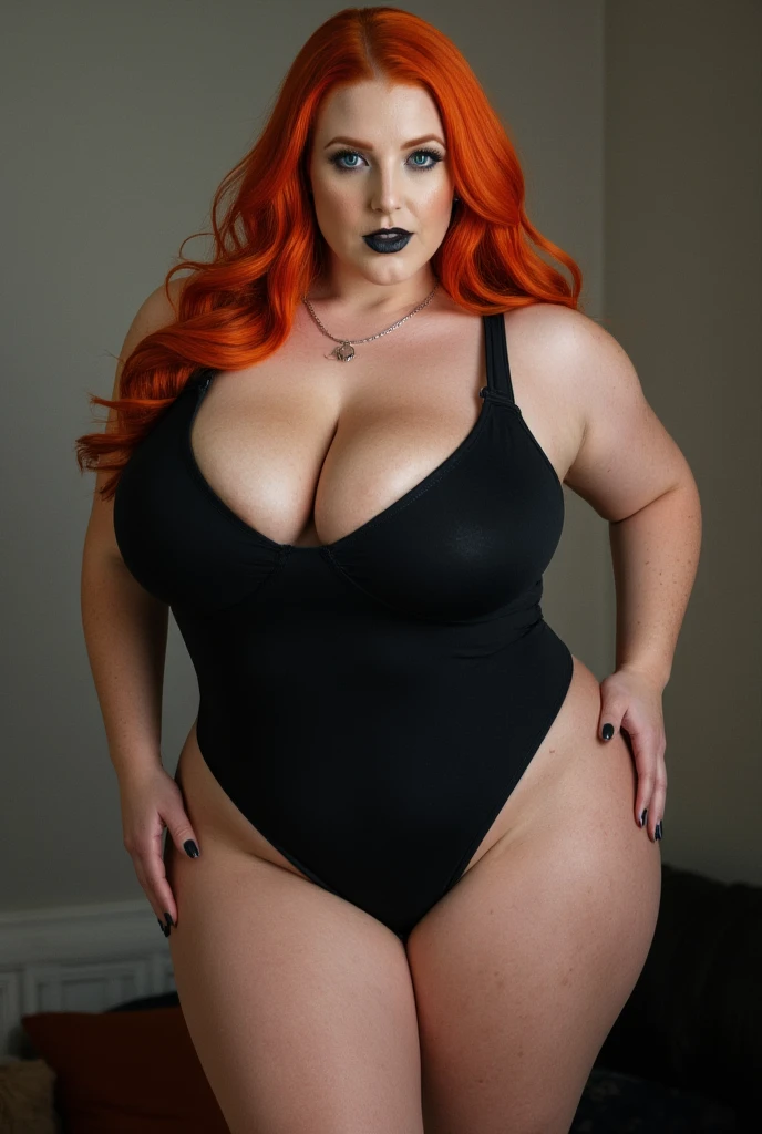 young girl of 25 years with long red hair with waves,con curvas notables, pecho grande, ojos marrones oscuros y labios gruesos, Her expression is sensual. curvy urban instagram model, cuerpo curvilinea, vestida con un traje transparente de color rojo brillante y con escote pronunciando, las manos pegadas a los pechos, plano de la foto primer plano medio americano,black color photo studio shoot background, foto de revista hiper realista.con detalle