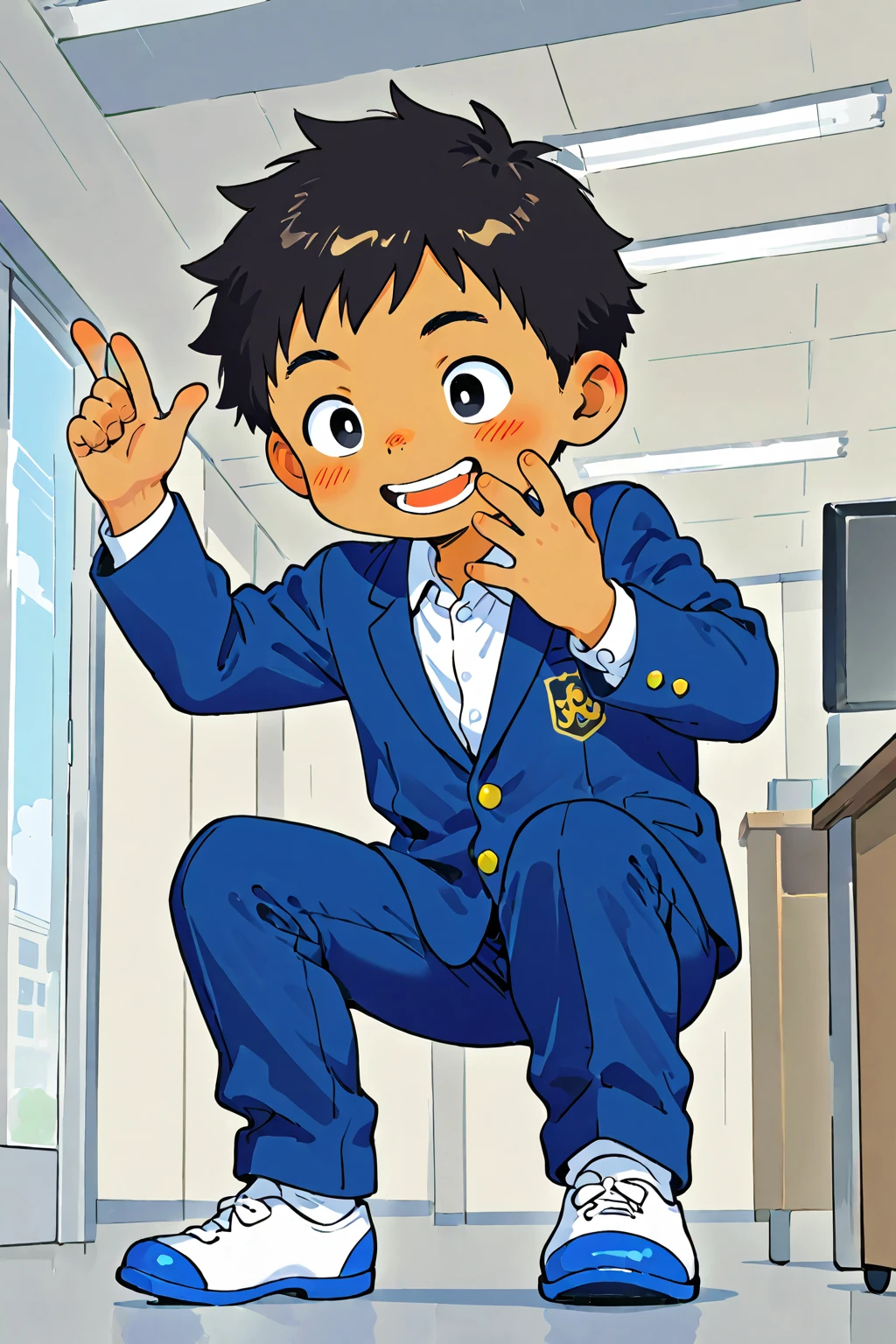 Conan Edogawa searches for clues to the case at the crime scene，squatt，Take a handkerchief，6 years old boy，Blue suit，blue short pants，White sneakers，Large-rim glasses，Red bow tie，tchibi