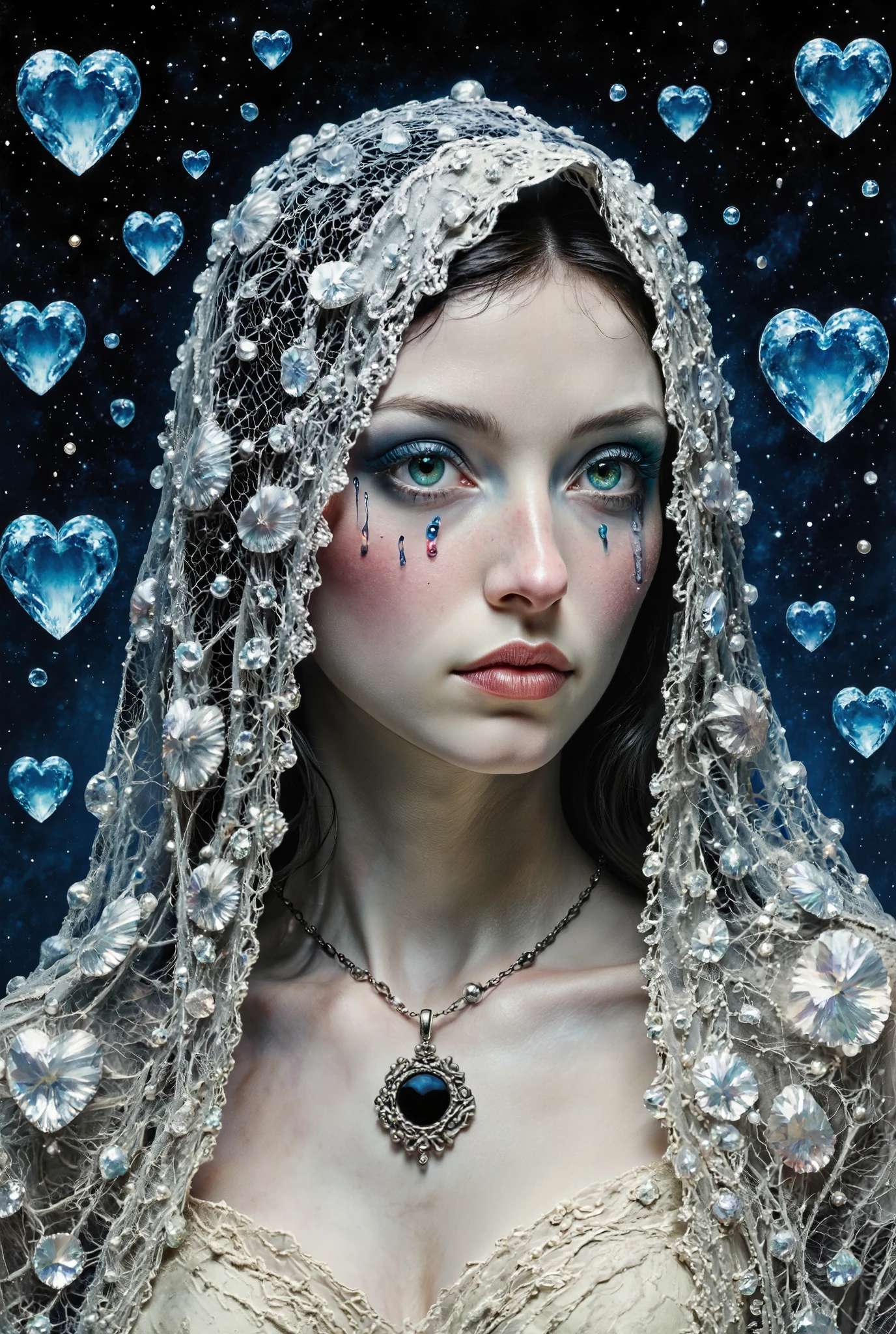 A close-up portrait of a woman whose mesh silver veil is embroidered with constellations of black pearls.She looks over her shoulder. Her expression is calm, but her turquoise eyes sparkle with crystal tears reflecting the moonlight. The background lives its own life, then pulsates with the cold energy of blue empty hearts, then passes into the void, where a faint whisper of pagan chants can be heard. Around her neck hangs a cosmic pendant in the shape of a black hole. The palette combines silver-ash, eclipse blue, and pale ivory, depicting a prophecy buried in sorrow.