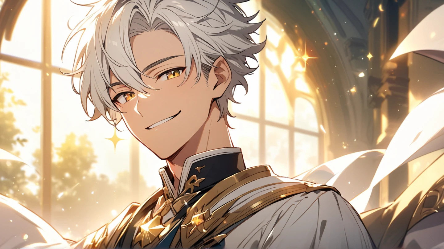 Handsome, solo, 1 male, short hair, gold eyes, white hair, white clothes, smile 
