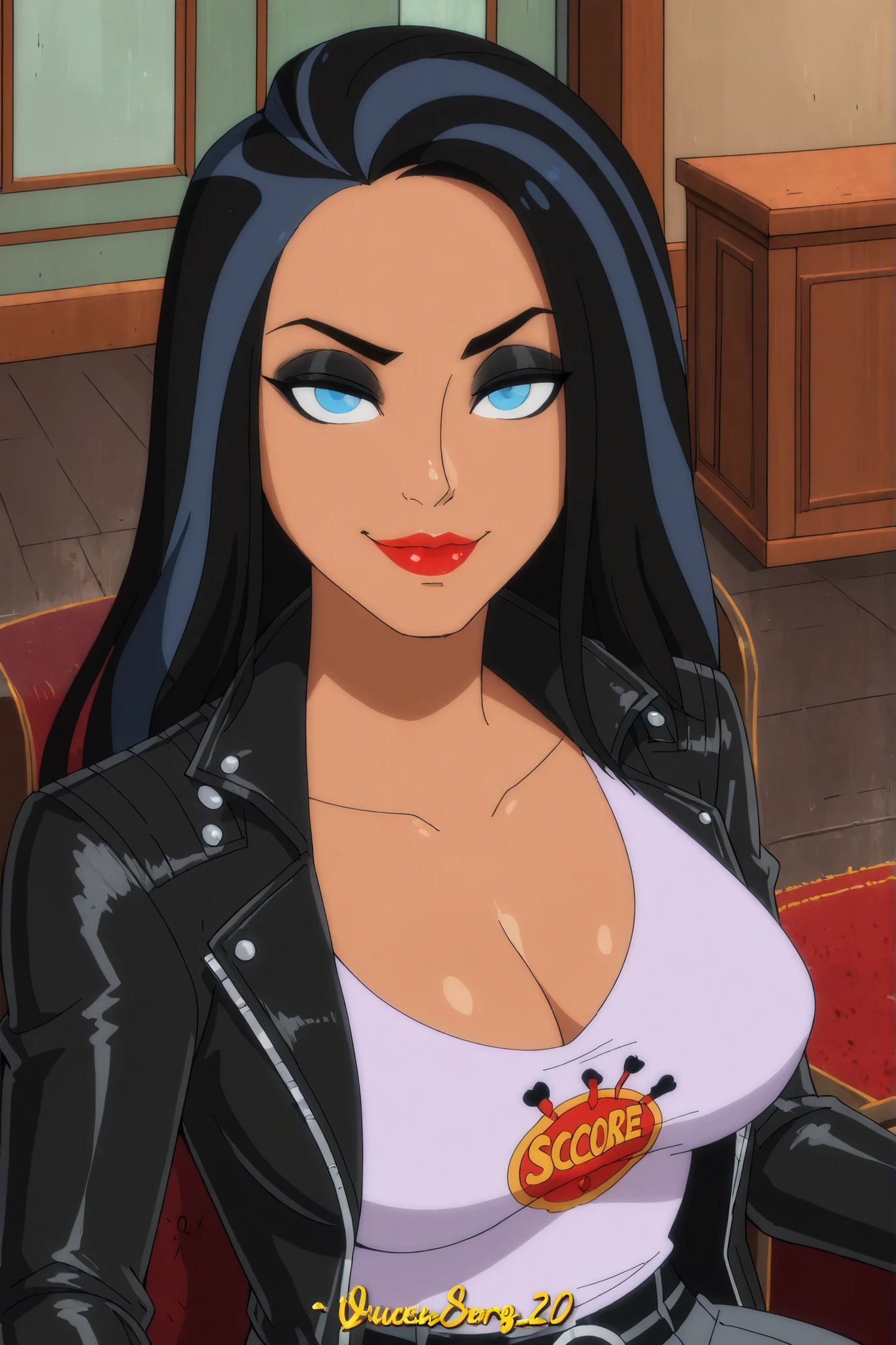 BREAK, score_6_up, score_7_up, score_8_up, score_9, 1girl, solo, long hair, blue eyes, black hair, two-tone hair, lipstick, makeup, dark-skinned female, t4l1a4lg00l, large breasts, busty, cleavage, curvy, athletic, looking at viewer, seducing viewer, teasing viewer, seductive expression, smiling, closed mouth, bedroom eyes,  long sleeves, gray leather jacket, gray crop top, gray jeans, indoors, bedroom, sitting in chair, closeup, portrait, upper body, high-angle view, black eyeshadow 