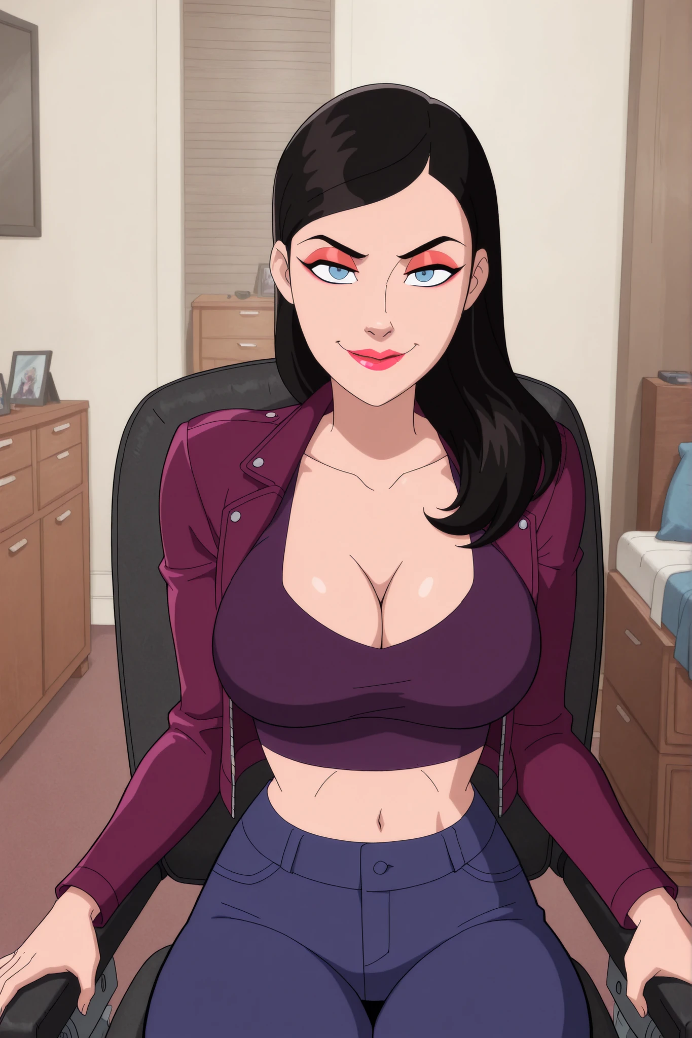 BREAK, score_6_up, score_7_up, score_8_up, score_9, 1girl, solo, loislane, black hair, long hair, makeup, lipstick, blue eyes, large breasts, cleavage, curvy, athletic, looking at viewer, seducing viewer, teasing viewer, smiling, closed mouth, seductive expression, bedroom eyes, busty, long sleeves, purple leather jacket, purple crop top, purple jeans, indoors, bedroom, sitting in chair, portrait, closeup, upper body, high-angle view, red eyeshadow