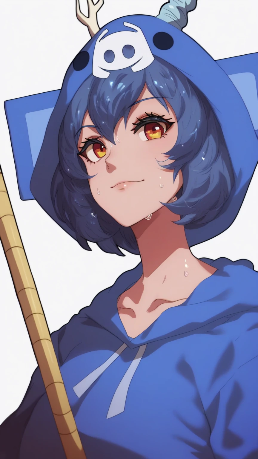 Anime, girl, short blue hair, blue eyes, small slim body, witch hat, wearing a social shirt, and red tie, dressing gown, black shorts, a wand in hand --auto --s2