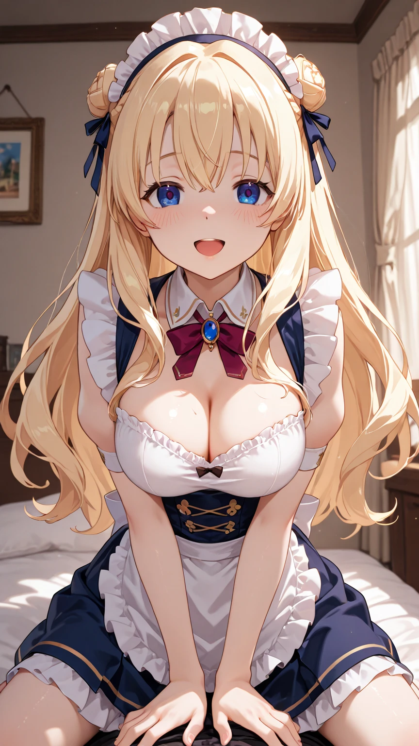 ????,((1 man and 1 woman,doing ??? ????)), ??????? squeeze,???????,??????? ???????,?????? in 1?????,klaudia valentz, long hair, blonde hair, bow, ribbon, (green eyes:1.3), braid, hairband, side braid,skirt, gloves, cleavage, choker, capelet, bridal gauntlets, white capelet