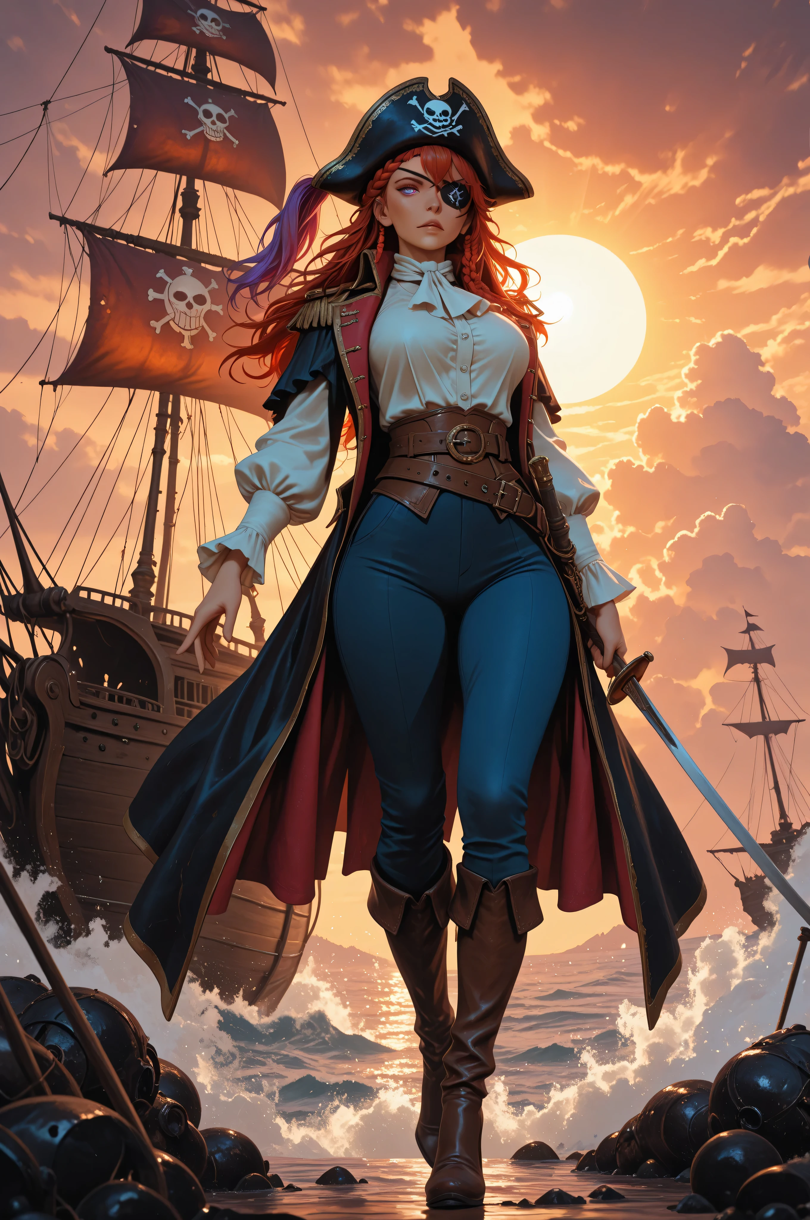 aidmaMJ6.1,midjourney ,a portrait of a woman pirate holding a saber on a pirate ship ready for battle, full body, ultra detailed face, looking tense, looking dangerous, dynamic eye color. dynamic hair color, braided hair, wearing eye patch,  dynamic skin complexion, wearing 17th century white button shirt, busty , wearing high heels boots, the sun is setting down, the sky are in many shades of purple, orange, red, yellow and blue, sun rays, some clouds,18th century pirate ship background, vibrant, Ultra-high resolution, High Contrast, masterpiece, highest quality, Best aesthetics, best details, best quality, highres, 16k, ultra detailed, masterpiece, best quality, extremely detailed RAW, fantasy