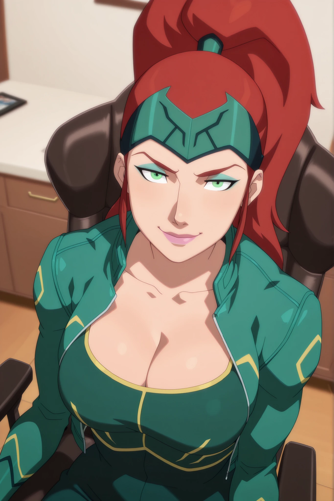 BREAK, score_6_up, score_7_up, score_8_up, score_9, 1girl, solo, m3r4atl4nt1s, long hair, red hair, ponytail, green eyes, large breasts, cleavage, curvy, athletic, pink lipstick, makeup, looking at viewer, seducing viewer, teasing viewer, smile, closed mouth, seductive expression, bedroom eyes, busty, long sleeves, aqua green leather jacket, aqua green crop top, aqua green jeans, indoors, bedroom, sitting in chair, portrait, upper body, closeup, high-angle view, aqua blue eyeshadow