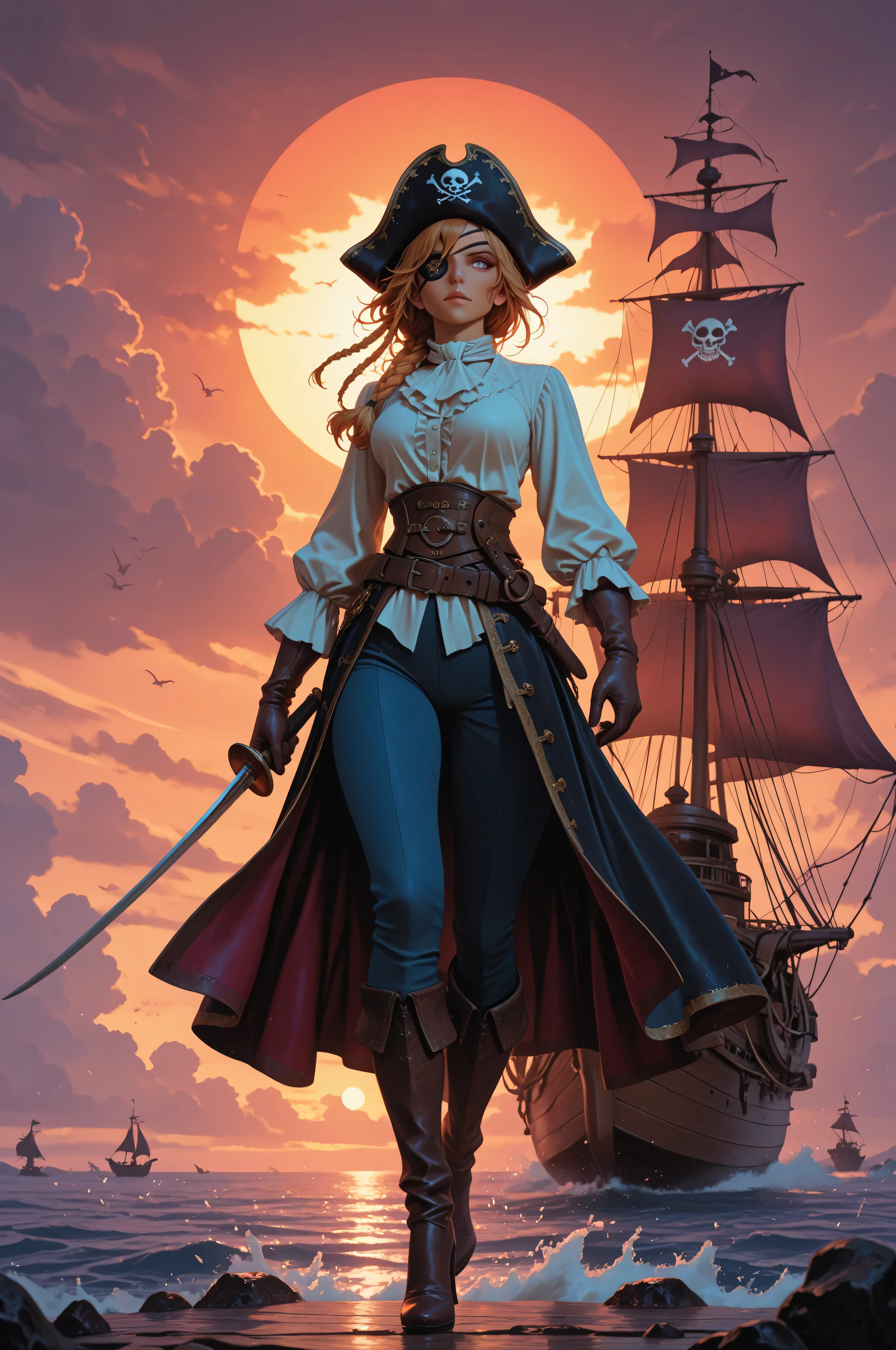 aidmaMJ6.1,midjourney ,a portrait of a woman pirate holding a saber on a pirate ship ready for battle, full body, ultra detailed face, looking tense, looking dangerous, dynamic eye color. dynamic hair color, braided hair, wearing eye patch, dynamic skin complexion, wearing 17th century white button shirt, busty , wearing high heels boots, the sun is setting down, the sky are in many shades of purple, orange, red, yellow and blue, sun rays, some clouds,18th century pirate ship background, vibrant, Ultra-high resolution, High Contrast, masterpiece, highest quality, Best aesthetics, best details, best quality, highres, 16k, ultra detailed, masterpiece, best quality, extremely detailed RAW, fantasy