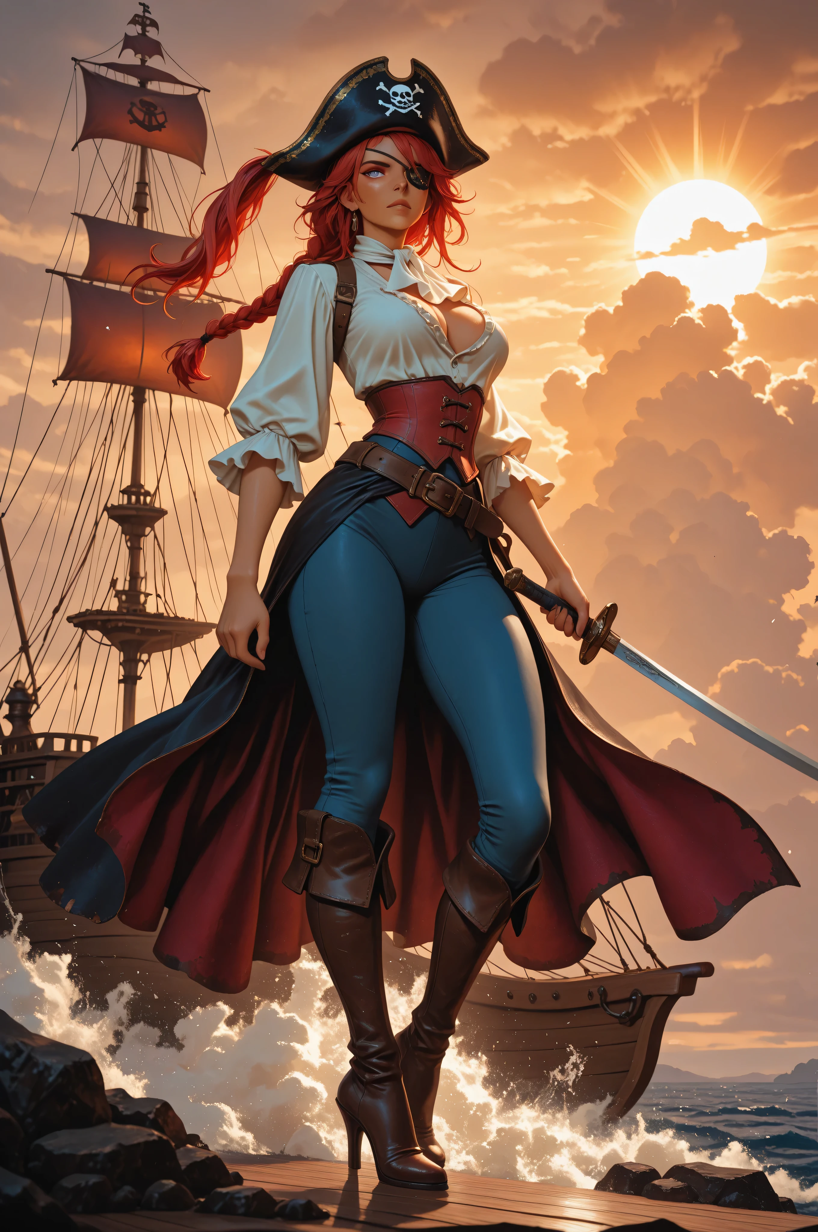 aidmaMJ6.1,midjourney ,a portrait of a woman pirate holding a saber on a pirate ship ready for battle, full body, ultra detailed face, looking tense, looking dangerous, dynamic eye color. dynamic hair color, braided hair, wearing eye patch,  dynamic skin complexion, wearing 17th century white button shirt, busty , wearing high heels boots, the sun is setting down, the sky are in many shades of purple, orange, red, yellow and blue, sun rays, some clouds,18th century pirate ship background, vibrant, Ultra-high resolution, High Contrast, masterpiece, highest quality, Best aesthetics, best details, best quality, highres, 16k, ultra detailed, masterpiece, best quality, extremely detailed RAW, fantasy