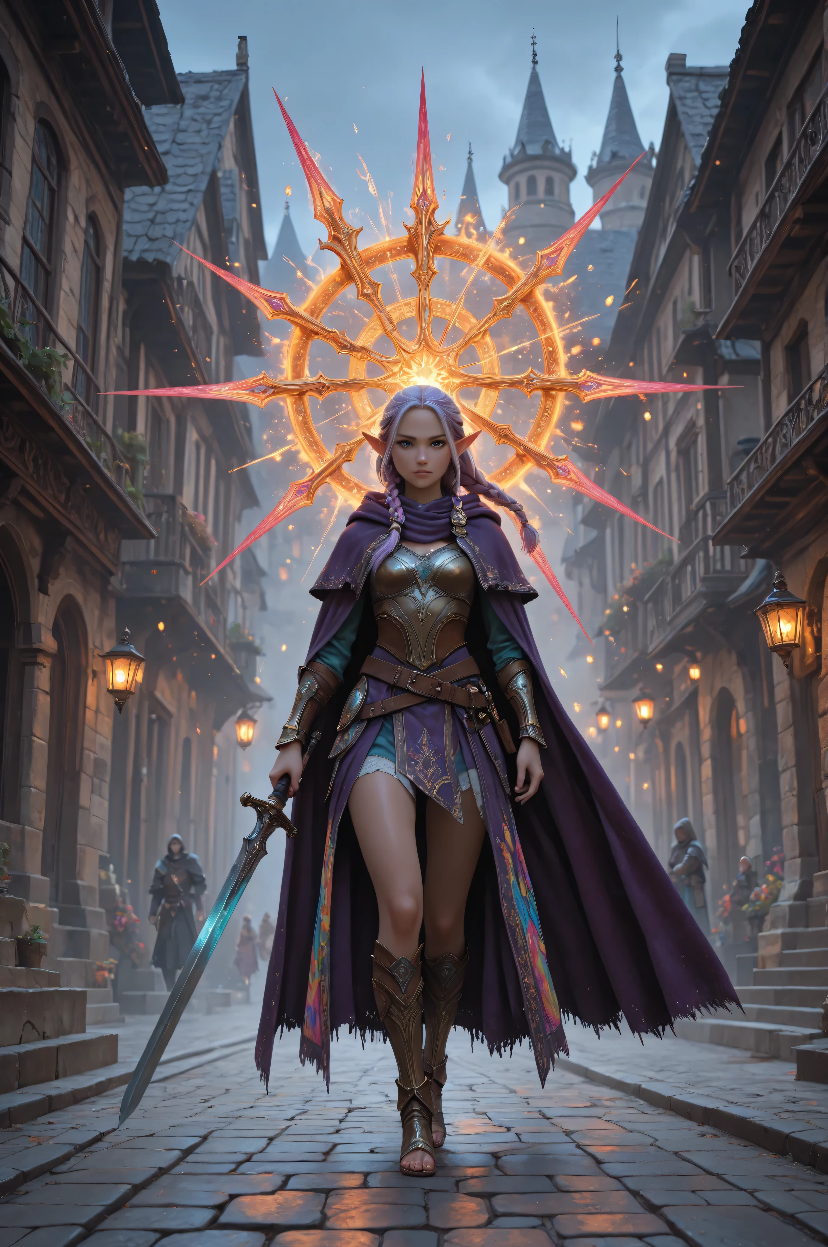 aidmaMJ6.1,a picture of a female elf (intense details , Masterpiece , best quality) fantasy swashbuckler , fantasy fencer , armed with a slim sword , shinning sword , metallic shine , colorful clothes , dynamic clothing , an ultra wide shot , full body (intense details , Masterpiece , best quality)epic beautiful female elf (intense details , Masterpiece , best quality) , rich hair , braided hair , small pointed ears , action shot , GlowingRunesAI_red , colorful magical sigils in the air , colorful arcane markings floating , holding a sword (intricate details , Masterpiece , best quality) , fantasy urban street (intense details , Masterpiece , best quality) , purple cloak , long cloak (intense details , Masterpiece , best quality) , sense of daring , sense of adventure , high details , best quality , 8k , [ultra detailed] , masterpiece , best quality , (extremely detailed) , dynamic angle , ultra wide shot , photorealistic , RAW , fantasy art , dnd art , fantasy ar