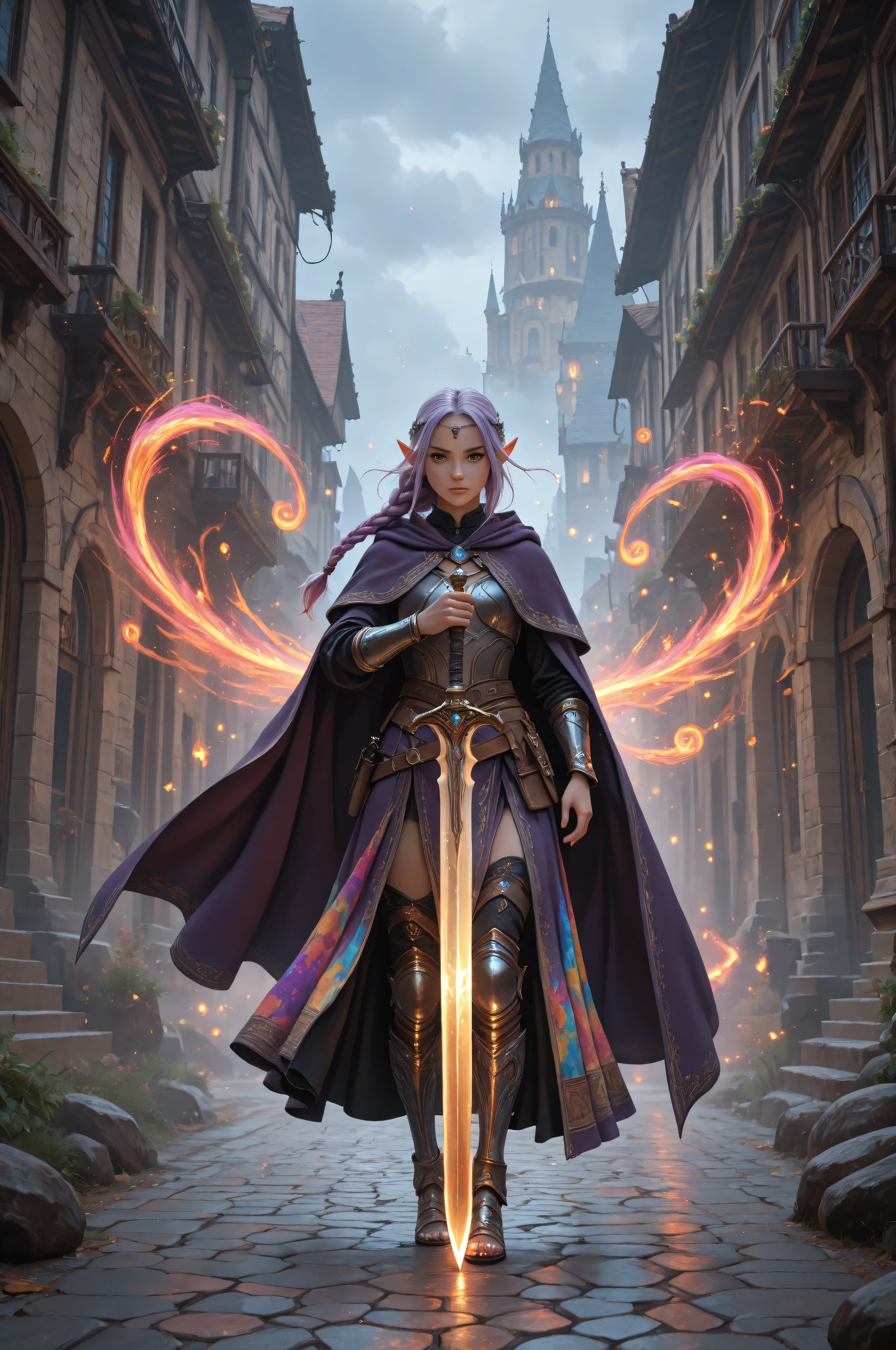 aidmaMJ6.1,a picture of a female elf (intense details , Masterpiece , best quality) fantasy swashbuckler , fantasy fencer , armed with a slim sword , shinning sword , metallic shine , colorful clothes , dynamic clothing , an ultra wide shot , full body (intense details , Masterpiece , best quality)epic beautiful female elf (intense details , Masterpiece , best quality) , rich hair , braided hair , small pointed ears , action shot , GlowingRunesAI_red , colorful magical sigils in the air , colorful arcane markings floating , holding a sword (intricate details , Masterpiece , best quality) , fantasy urban street (intense details , Masterpiece , best quality) , purple cloak , long cloak (intense details , Masterpiece , best quality) , sense of daring , sense of adventure , high details , best quality , 8k , [ultra detailed] , masterpiece , best quality , (extremely detailed) , dynamic angle , ultra wide shot , photorealistic , RAW , fantasy art , dnd art , fantasy ar