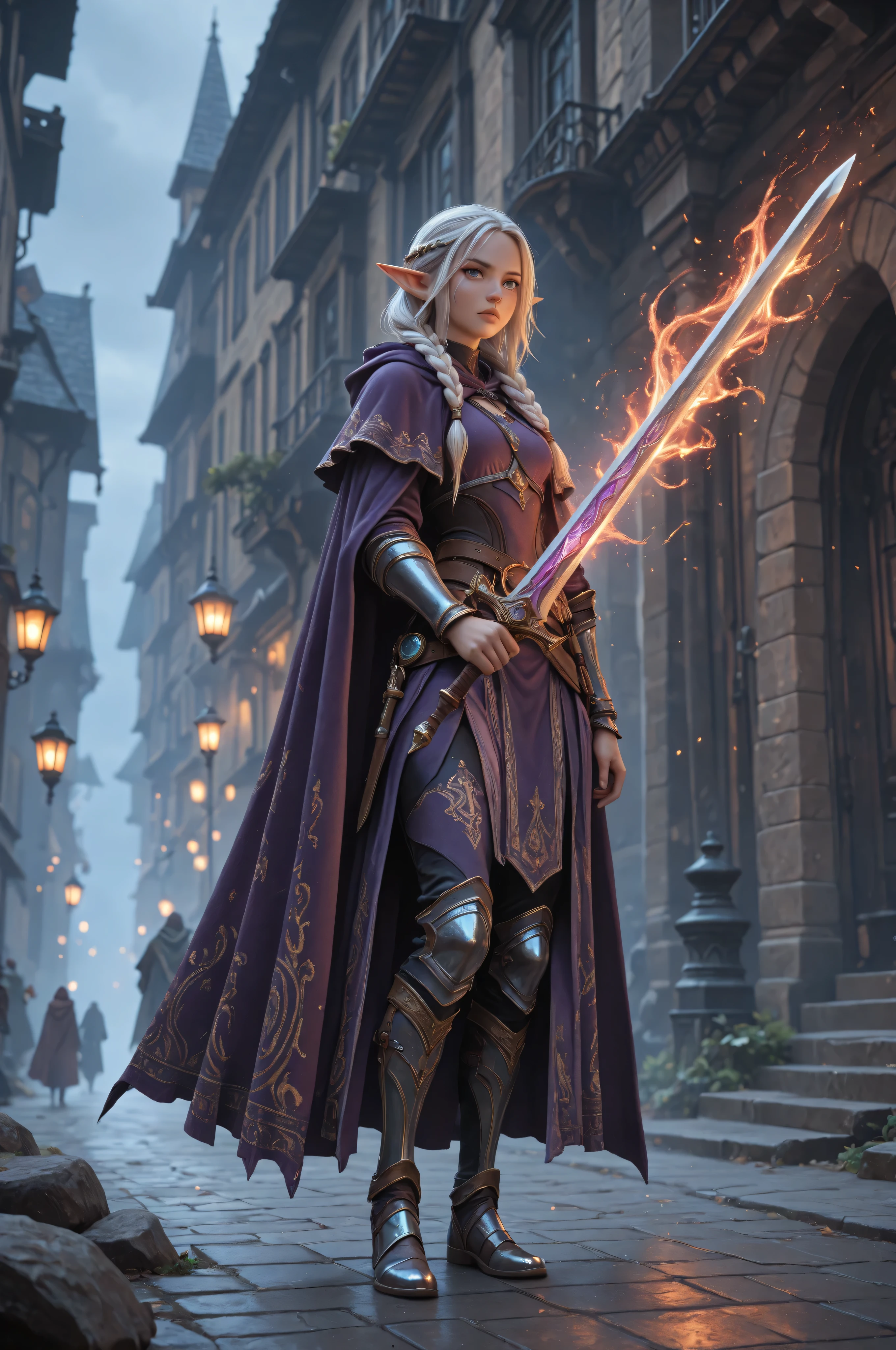 Cinematic,Movie Still,aidmaMJ6.1,a picture of a female elf (intense details , Masterpiece , best quality) fantasy swashbuckler , fantasy fencer , armed with a slim sword , shinning sword , metallic shine , colorful clothes , dynamic clothing , an ultra wide shot , full body (intense details , Masterpiece , best quality)epic beautiful female elf (intense details , Masterpiece , best quality) , rich hair , braided hair , small pointed ears , action shot , GlowingRunesAI_red , colorful magical sigils in the air , colorful arcane markings floating , holding a sword (intricate details , Masterpiece , best quality) , fantasy urban street (intense details , Masterpiece , best quality) , purple cloak , long cloak (intense details , Masterpiece , best quality) , sense of daring , sense of adventure , high details , best quality , 8k , [ultra detailed] , masterpiece , best quality , (extremely detailed) , dynamic angle , ultra wide shot , photorealistic , RAW , fantasy art , dnd art , fantasy ar