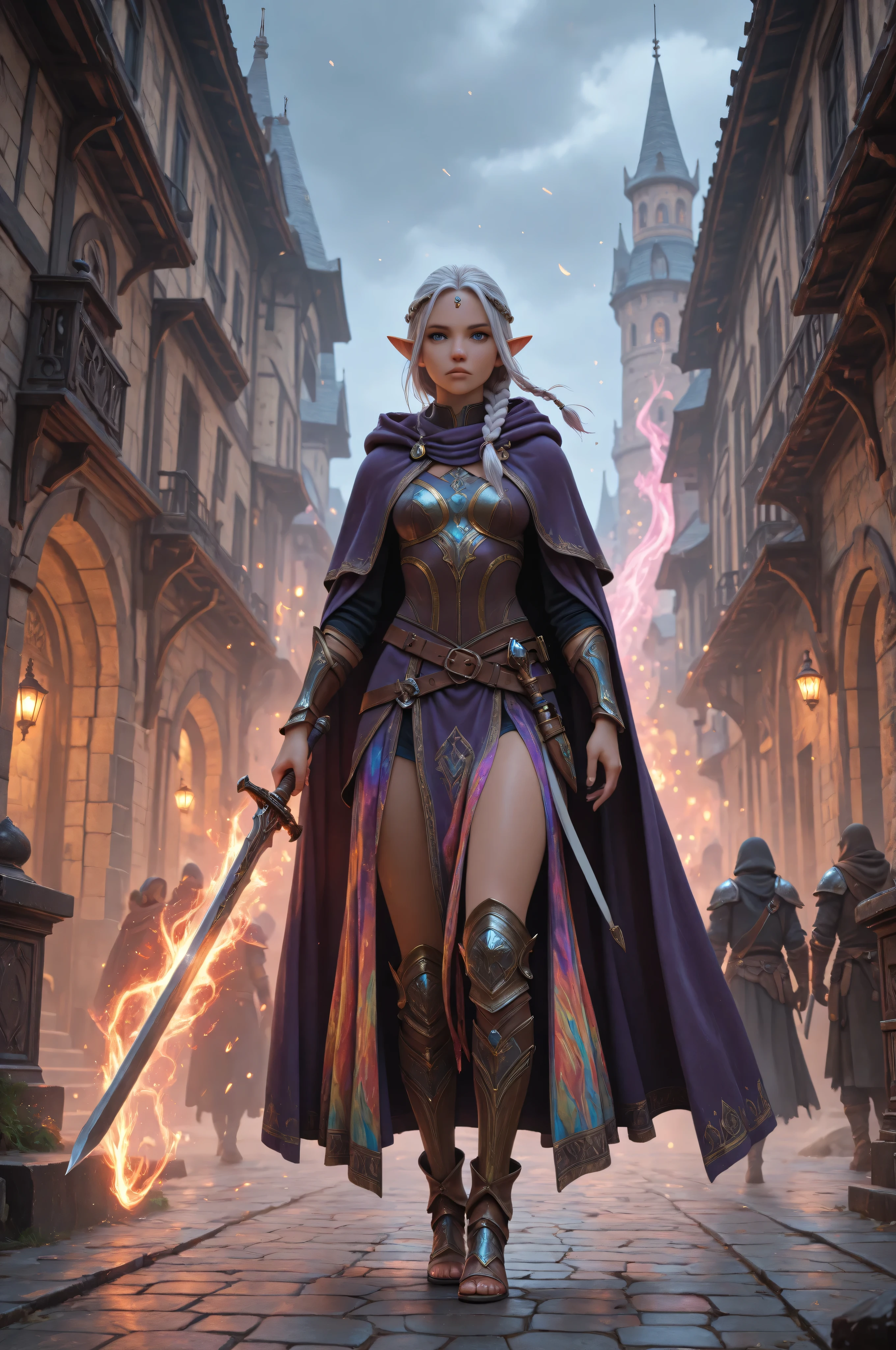 aidmaMJ6.1,a portrait of a female elf (intense details , Masterpiece , best quality) fantasy swashbuckler , fantasy fencer , armed with a slim sword , shinning sword , metallic shine , colorful clothes , dynamic clothing , an ultra wide shot , full body (intense details , Masterpiece , best quality)epic beautiful female elf (intense details , Masterpiece , best quality) , rich hair , braided hair , small pointed ears , action shot , GlowingRunesAI_red , colorful magical sigils in the air , colorful arcane markings floating , holding a sword (intricate details , Masterpiece , best quality) , fantasy urban street (intense details , Masterpiece , best quality) , purple cloak , long cloak (intense details , Masterpiece , best quality) , sense of daring , sense of adventure , high details , best quality , 8k , [ultra detailed] , masterpiece , best quality , (extremely detailed) , dynamic angle , ultra wide shot , photorealistic , RAW , fantasy art , dnd art , fantasy ar