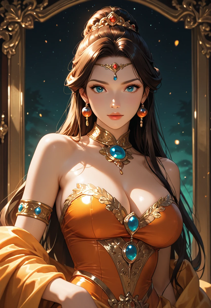 Best quality, 30 year old woman, massive , red hair, blue eyes, skimpy, sunset, upper body, , flower crown, golden glow, skimpy gold dress, opulent, luxurious,