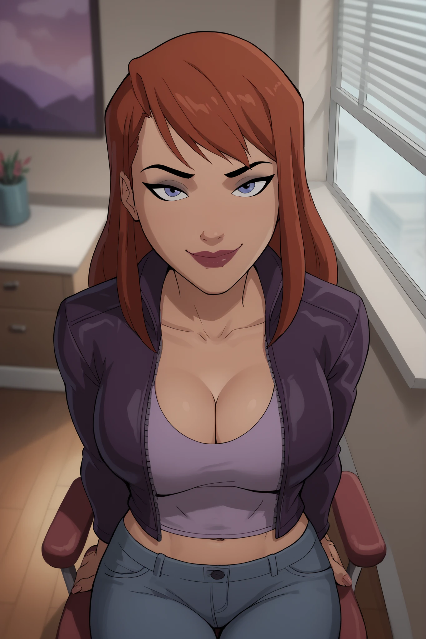 BREAK, score_6_up, score_9_up, score_8_up, score_7_up, 1girl, solo, barbara gordon, ginger hair, long hair, blue eyes, lipstick, makeup, large breasts, cleavage, curvy, athletic, busty, long sleeves, purple leather jacket, purple crop top, purple jeans, looking at viewer, seducing viewer, teasing viewer, smiling, closed mouth, seductive expression, bedroom eyes, indoors, bedroom, sitting in chair, best quality, high quality, portrait, upper body, closeup, high-angle view, black eyeshadow