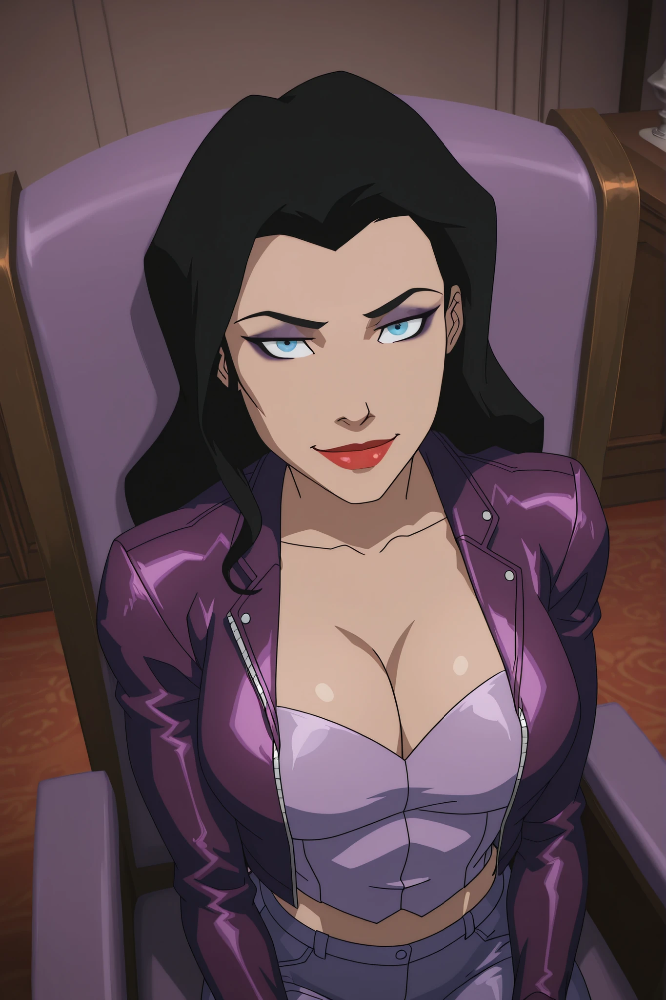 BREAK, score_6_up, score_7_up, score_8_up, score_9, zatannaYoungJustice, 1girl, solo, black hair, lipstick, blue eyes, makeup, red lips, long hair, large breasts, busty, cleavage, curvy, athletic, looking at viewer, seducing viewer, teasing viewer, seductive expression, smiling, closed mouth, bedroom eyes, long sleeves, lavender purple leather jacket, lavender purple crop top, lavender purple jeans, indoors, bedroom, sitting in chair, closeup, portrait, upper body, high-angle view, dark purple eyeshadow
