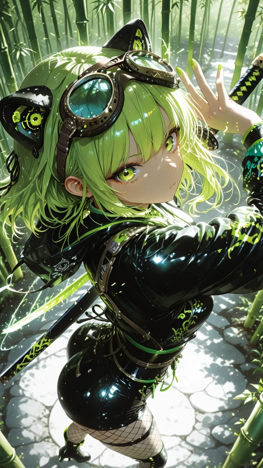 solo, Wear Aviator Goggles、Reflections on Goggles、Shiny Shinobi Clothes、fishnet tights、 傷跡 high contrast illustration 、 color illustration panel, conductor, high contrast illustration ,(twisted torso)、speedline,battoujutsu stance。action pose , dynamic angle , close-up , from above , nicely High-speed movement Yellow-green Japanese sword
、Dramatic Light と Shadow、
Brilliant Color Effects、god々 pixie background、
overwhelming beauty、blurry background、
background is bamboo forest、Dark Effects