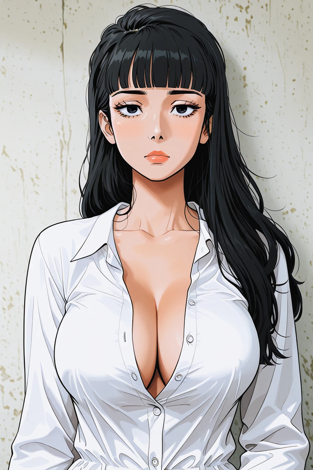 solo, upper body, looking at viewer, <lora:Lighting Rod:.8>, cleavage, smirk, fw.dona.shin, hair bun, <lora:edgHornyJail2:0.8> edghj, wearing edghj, striped clothing,