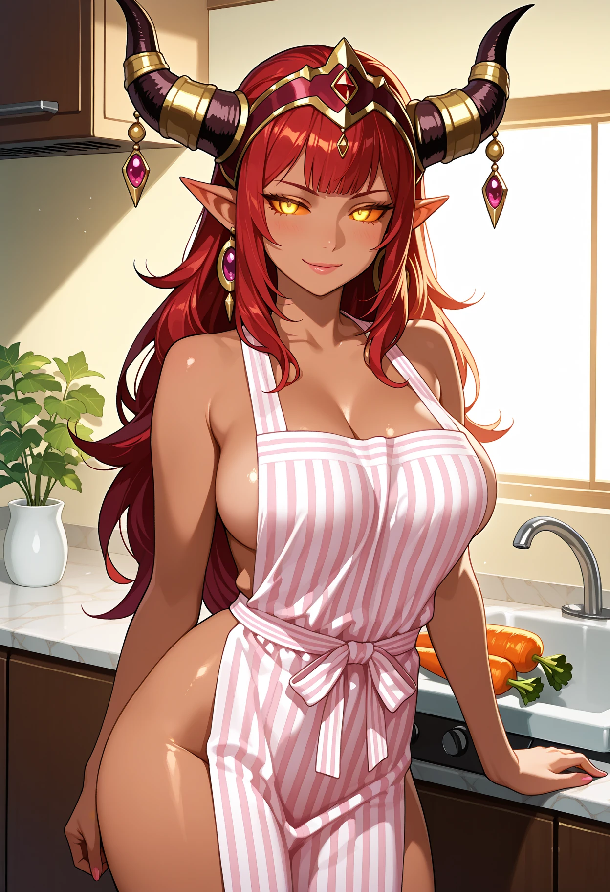 (masterpiece, best quality:1.15), 1girl, plump dark-skinned, long curly red hair and hairy , solo, small , wet tube top, , (:1.06), blush, (red hair:1.1), gold jeweled armlets and anklets, thigh tattoos, excited, looking at viewer, leaning forward, indoors, pantry, shelves, assorted baked goods, baking ingredients, dry goods, cinnamon sticks, food storage containers, tea towels, pull-out drawers