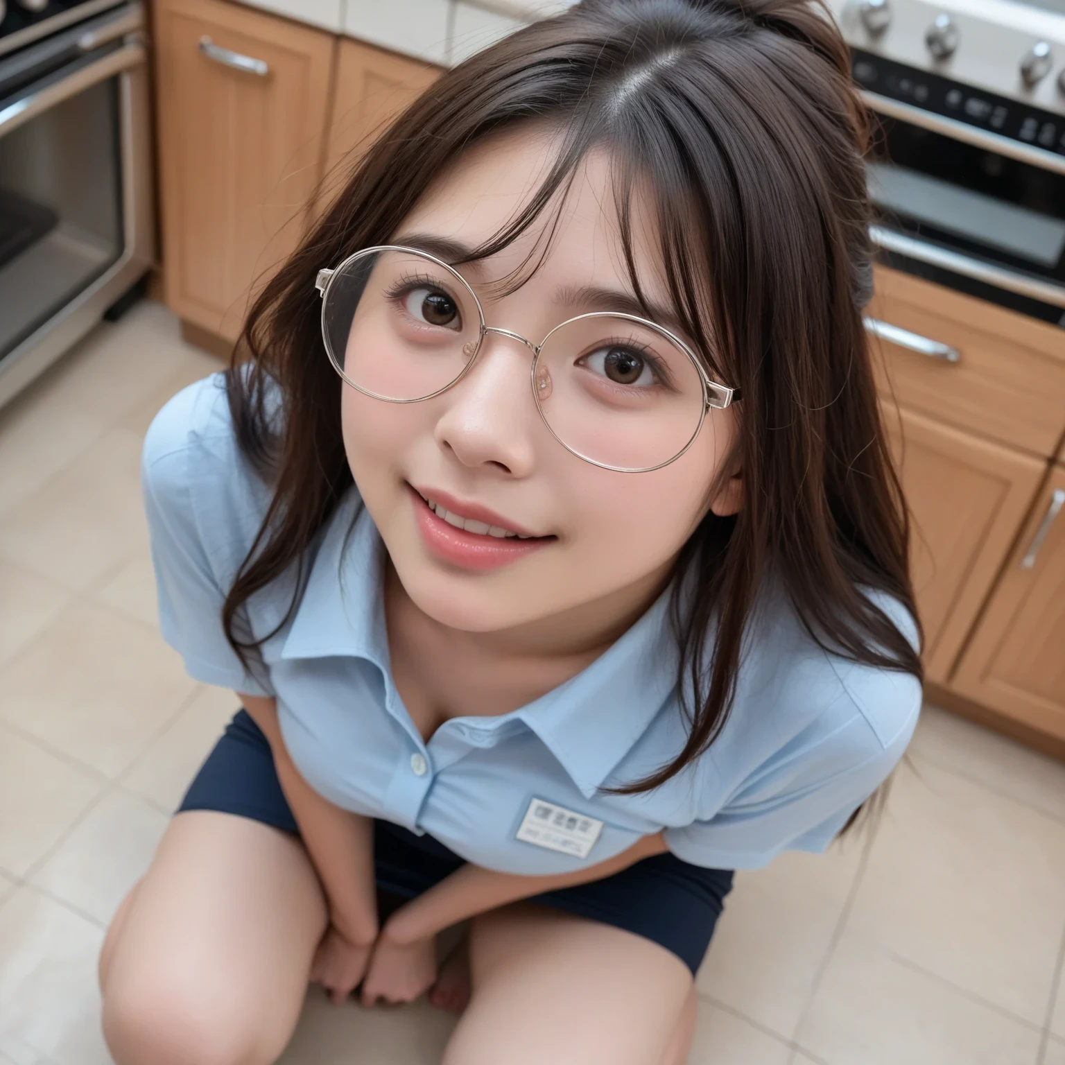 score_9, score_8_up, score_7_up, score_6_up, score_5_up, score_4_up, super detailed, rating_explicit, pale skin, white skin, masterpiece, best quality, (hyper realistic, photo realistic:1.2), ultra high-res, 1japanese woman, real skin, Crouching, bending knees, thighs, in the kitchen, (view from above:1.3), big breasts, BREAK, 25yo, admired, BREAK, (very cute face, Korean face, gal), pure face, perfect anatomy, (shy smile:0.7), round big eyes, (spreading legs:0.7), thin round big silver glasses, pencil skirt, close up shot, Evening updo hair, looking up,