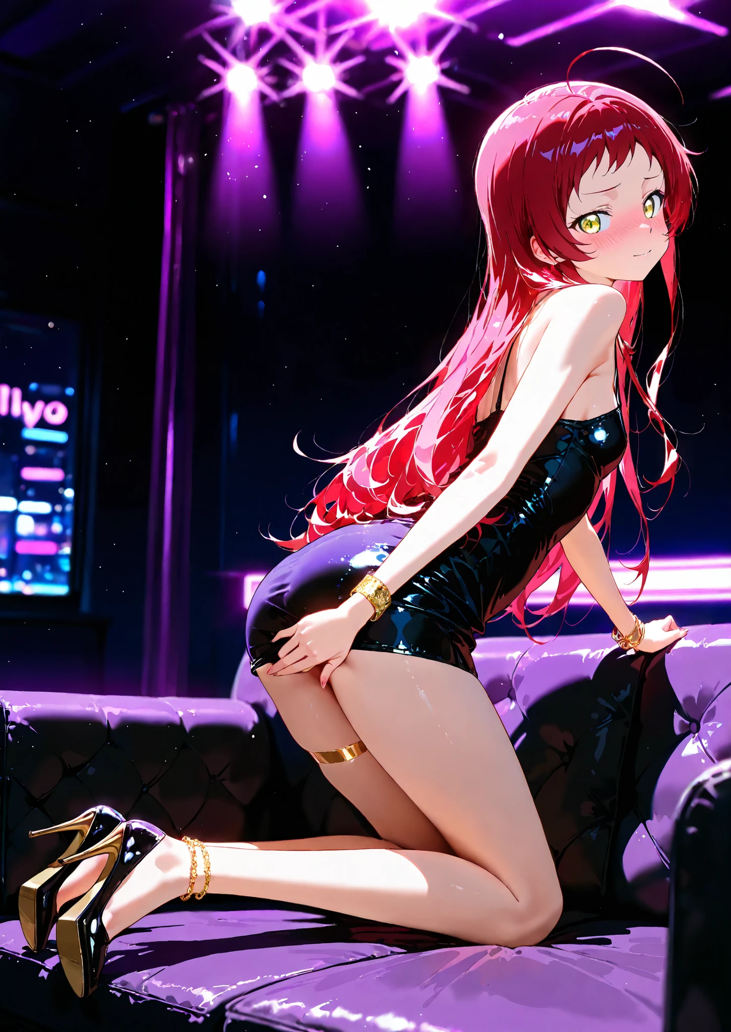 1girl, solo, yusa emi, hataraku maou-sama!, shy, blushing, short dress, kneeling on the couch, covering her ass with her hand, nightclub, vip lounge, short dress, bracelets, leg jewelry, high heels, naturally sagging small breasts, looking back, seductive, sexy pose, alluring atmosphere, cinematic lighting, BREAK, masterpiece, superb quality,warm color,high resolution,high fashion,absurdres extremely,vivid colors,intricate details,best quality,amazing quality,very aesthetic,newest,ultra-detailed,nsfw,