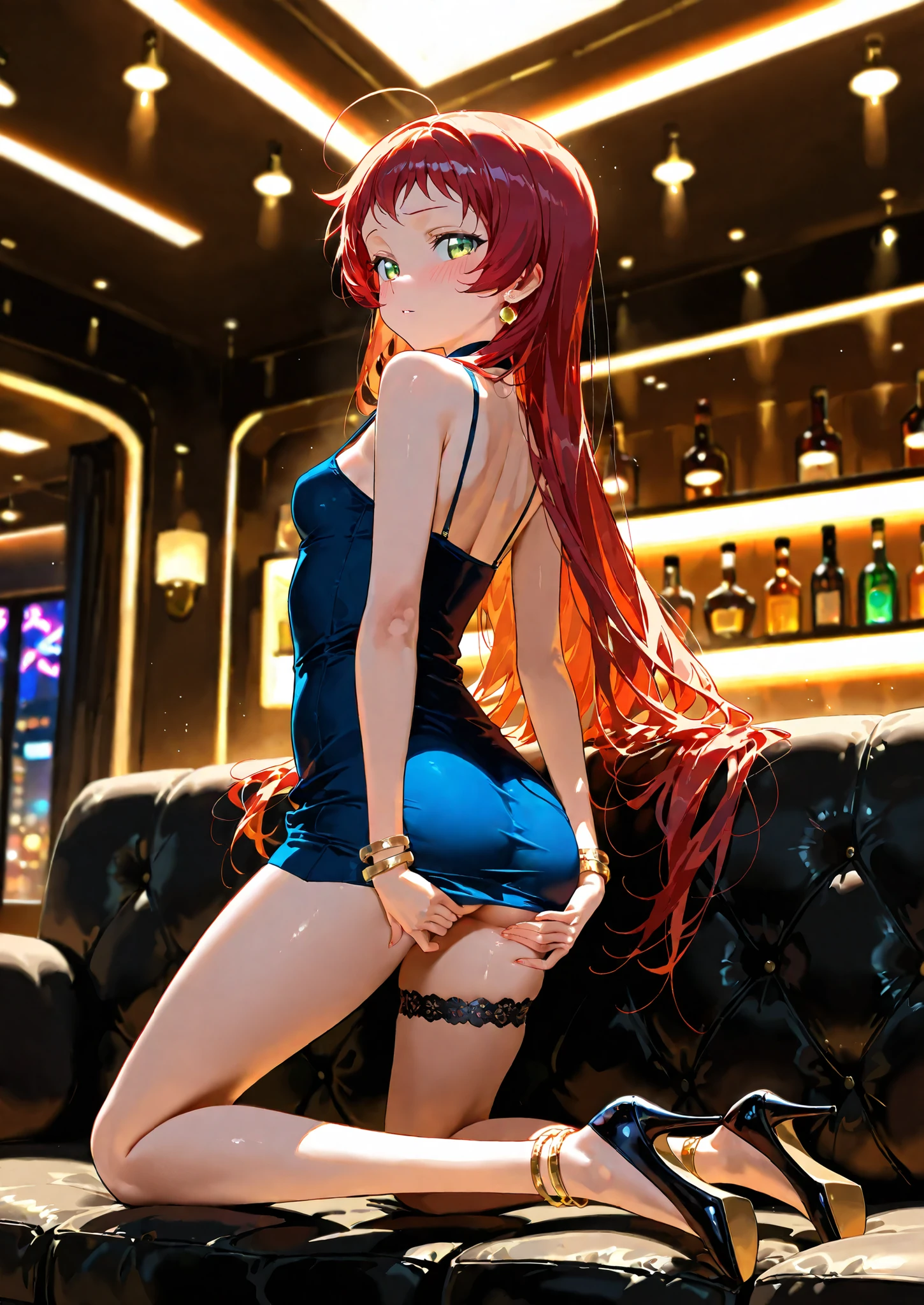 1girl, solo, yusa emi, hataraku maou-sama!, shy, blushing, short dress, kneeling on the couch, covering her ass with her hand, nightclub, vip lounge, short dress, bracelets, leg jewelry, high heels, naturally sagging small breasts, looking back, seductive, sexy pose, alluring atmosphere, cinematic lighting, BREAK, masterpiece, superb quality,warm color,high resolution,high fashion,absurdres extremely,vivid colors,intricate details,best quality,amazing quality,very aesthetic,newest,ultra-detailed,nsfw,