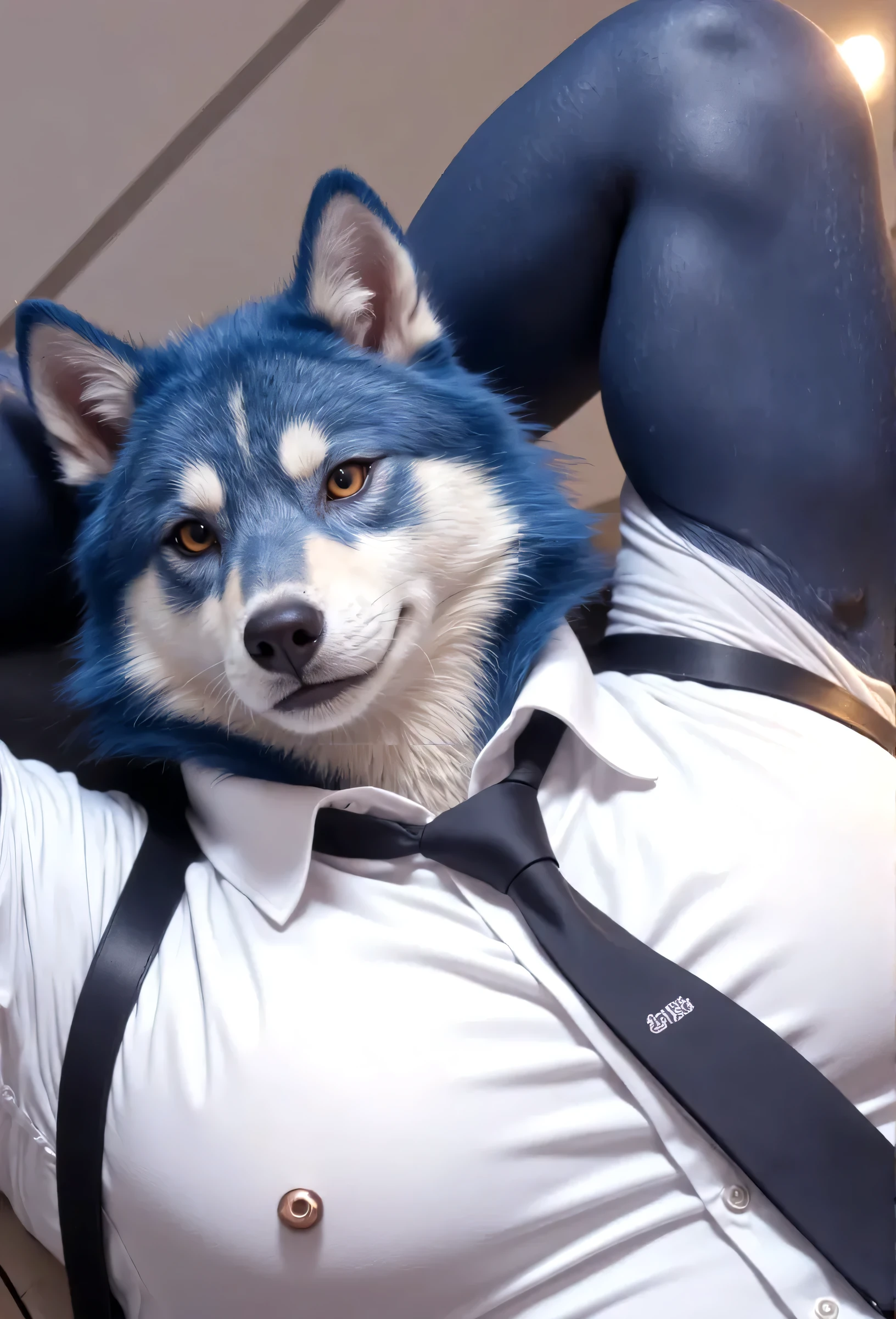 A wolf wearing motogp racing suit, sits on punchbag, started showing a real , straight up erects ,  face, hold  with boxing glove,  spray