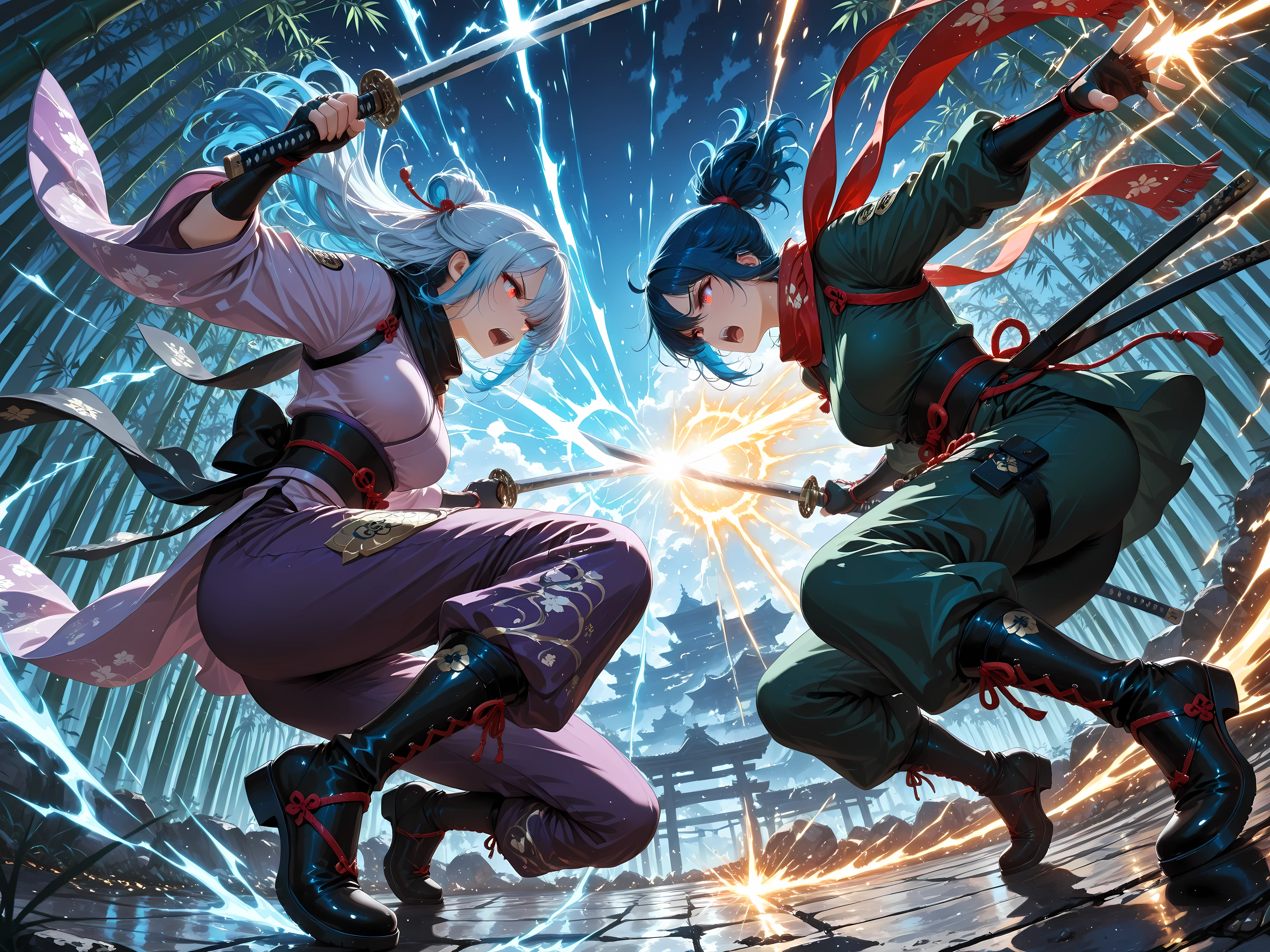rich anime, (masterpiece:1.3), (best quality), (ultra detailed), (dramatic lighting), (dynamic perspective:1.3), two kunoichi warriors locked in a fierce clash, both blades colliding at the center with intense sparks and energy burst, one on the left with flowing blue hair and glowing red eyes, wearing a short purple kimono and red scarf fluttering, the other on the right with long silver hair and golden eyes, wearing a dark green ninja outfit with black gloves and scarf, both in midair, their swords crossing with blinding light, bamboo leaves flying around from the shockwave, hair and scarves whipping from the force, both faces illuminated by the blade's clash, sharp expressions filled with killing intent, low-angle cinematic shot, horizontal composition, moonlight cutting through the bamboo forest, intense contrast of light and shadow, (energy burst:1.2), (crossing blades:1.3), (impact sparks:1.2), (epic duel:1.2), dramatic anime illustration, extremely dynamic composition, perfect anatomy, breathtaking atmosphere