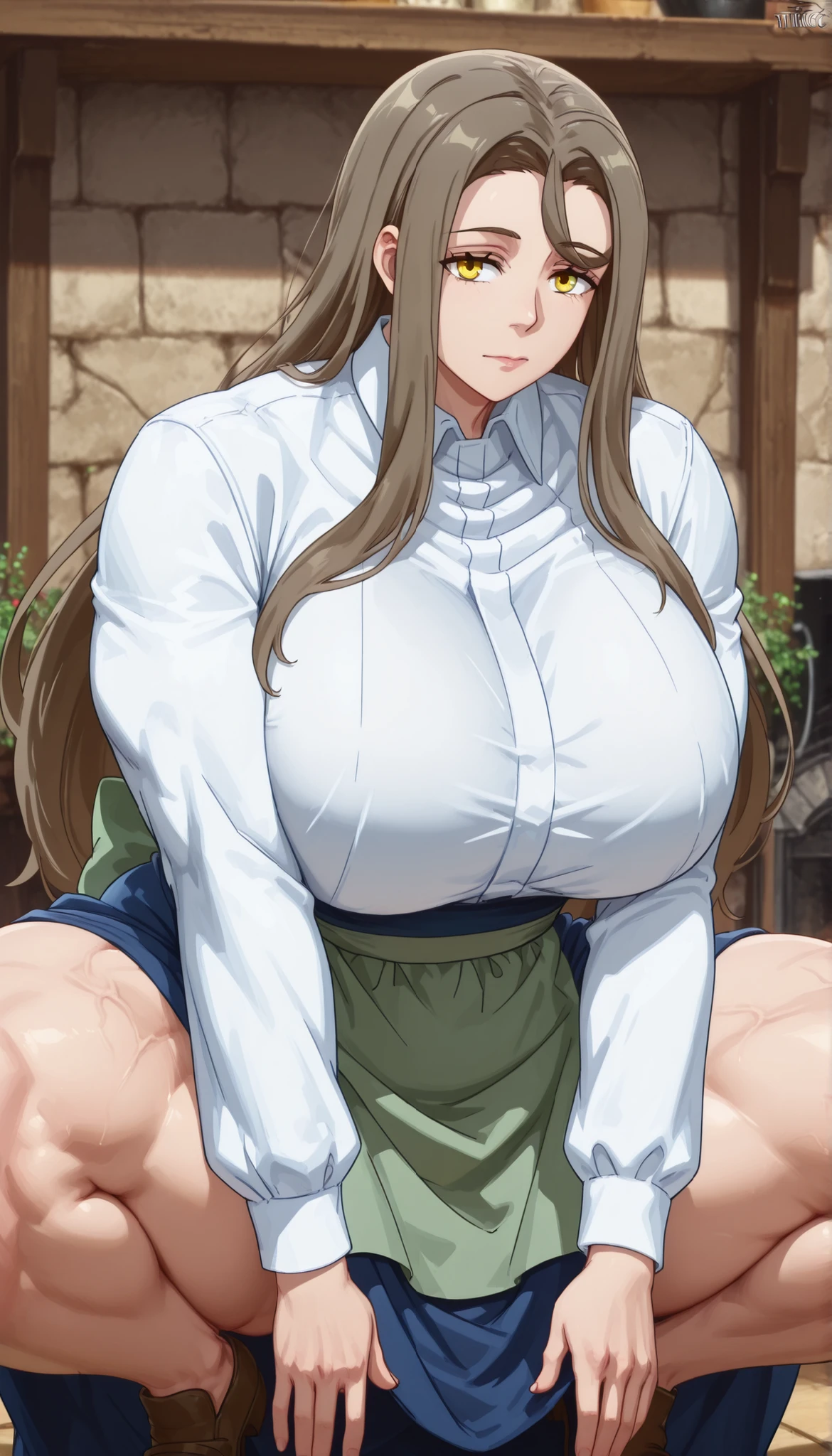 1woman, solo, mature, fara_mne,brown hair, long hair, hair between eyes, sidelocks, yellow eyes,white shirt, collared shirt, long sleeves, blue skirt, long skirt, green apron, brown footwear, huge breasts, thick muscular thighs, wide curvy hips, voluptuous body, Curvy body, thicc woman, in squats position, legs spreading wide, front view, looking at viewer, exposed thighs