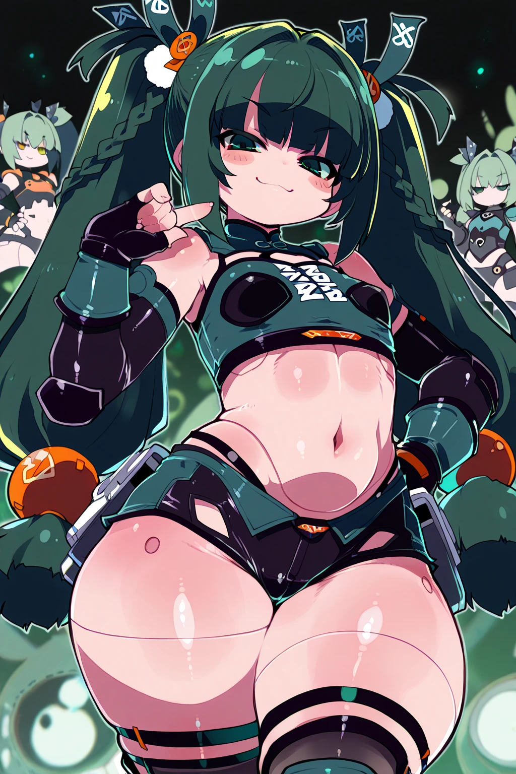 masterpiece, best quality, extremely detailed, 1girl, mature female, solo, remia, (:1.4), (((green hair, long hair, blue eyes, head fins))), parted lips, (((outfit-blackgh, black gloves))), ((blush, light smile), closed mouth), ((hands on own , dystopian city, dark sky, storm clouds))