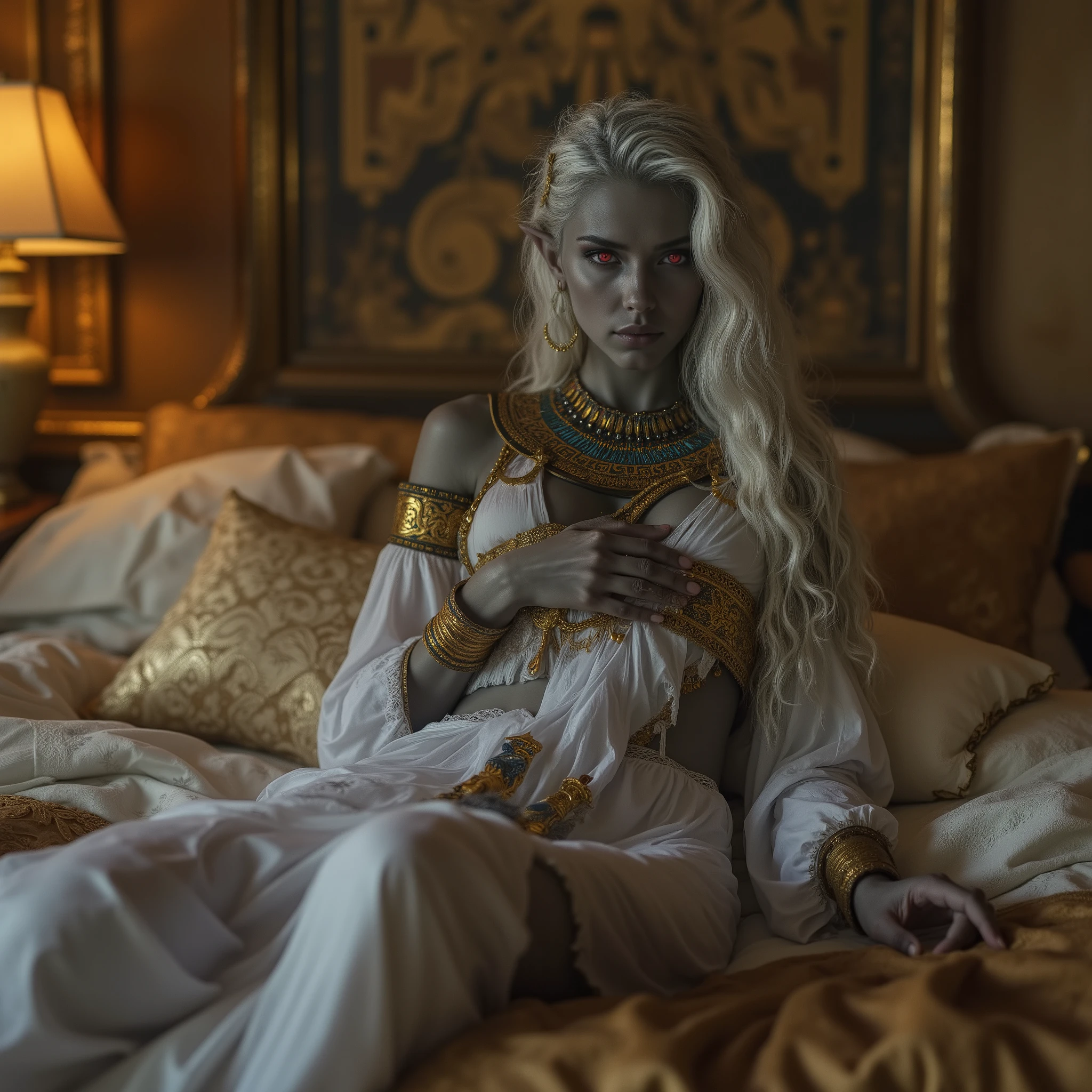 близкий portrait,hyperrealistic photo,rich warm colors,photo style 1980xx : Upper body shot, (1a grey-skinned teen-European woman -dark elf(Drow), ((a dark elf,(drow),dark gray skin, red eyes, silver hair)), pointed elf ears, grey skin, light silver hair, closed mouth, ancient Egyptian noble attire, Egyptian jewelry, dynamic pose, complex fantasy character, NSFW, cinematic lighting, fantasy, magic, detailed background, in an ancient Egyptian palace, best quality, HDR, 8k, photorealistic, RAW photo, highly detailed (grey skin,Drow-elf),princess,beautysexy body,skinned,(dressed as a princess of ancient Egypt)(elf-drow-princess of ancient Egypt)(dark gray skin, dark elf,full length,short tunic,beautiful thin hips)slender thin calves,barefoot ,sexuality,lay down on her luxurious Egyptian princess bed, dynamic pose ,posing for the camera лежа в своей кровати,slender thin hips, ((she is wearing a white short semi-transparent tunic decorated in gold)),against the background of a royal bedroom in ancient Egypt,portrait,posing for the camera,bedroom,queen,invocative pose,light erotica pours on,