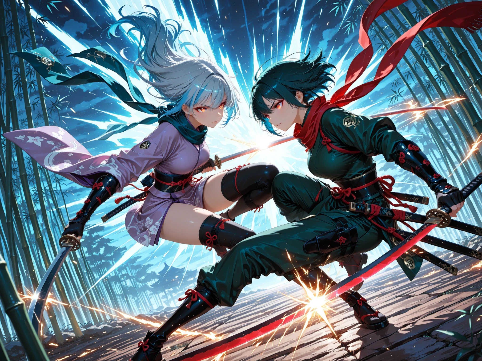 rich anime, (masterpiece:1.3), (best quality), (ultra detailed), (dramatic lighting), (dynamic perspective:1.3), two kunoichi warriors locked in a fierce clash, both blades colliding at the center with intense sparks and energy burst, one on the left with flowing blue hair and glowing red eyes, wearing a short purple kimono and red scarf fluttering, the other on the right with long silver hair and golden eyes, wearing a dark green ninja outfit with black gloves and scarf, both in midair, their swords crossing with blinding light, bamboo leaves flying around from the shockwave, hair and scarves whipping from the force, both faces illuminated by the blade's clash, sharp expressions filled with killing intent, dutch angle cinematic shot, horizontal composition, moonlight cutting through the bamboo forest, intense contrast of light and shadow, (energy burst:1.2), (crossing blades:1.3), (impact sparks:1.2), (epic duel:1.2), dramatic anime illustration, extremely dynamic composition, perfect anatomy, breathtaking atmosphere