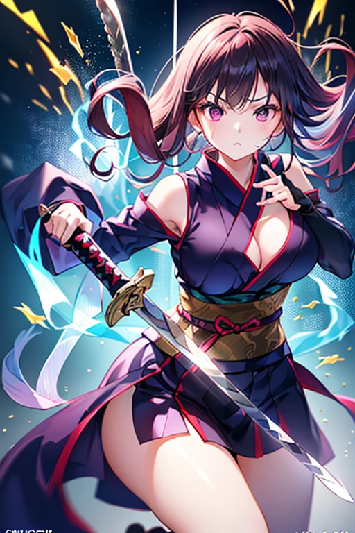 high resolution:1.7, incredibly absurdres, kawaii:1, cute:1.5, hires.fix, incredibly fine illustration,8k,masterpiece:1.2,best quality, high quality, exquisite, beautiful, insanely detailed, intricate detailed, extremely detailed, Super Definition, ultra high res, Super Resolution, best aesthetic, ultra detailed:1.5, best quality, perfect face, detailed face, masterpiece:1.2, illustration:1.2, 8k cg wallpaper, stunning art,absurdres,octane render,ultra hires,1girl, (kunoichi:1.2), black hair,(wide eyes:1.4,big green eyes,enchanting bright eyes studded with gold and silver dust,wet crystal eyes),(finely detailed beautiful eyes),lean body,waist slender,leg slender, (Japanese clothes),kimono,ninja, (kunoichi uniform), (gauntlet:1.2), (greave:1.2), (gaiter:1.2), (purple flame:1.5), (red fire:1.5), (holding white flame sword:1.5), (holding blue energy sword:1.3), (purple flame katana:1.3), (swing a purple flame sword:1.3),
battle,fight,(action pose: 1.4),(vengeful spirit come's attack), (vs vengeful spirit),(purple confetti:1.5),(cave),tentacles,dungeon,(dutch angle),dark mystic ruins