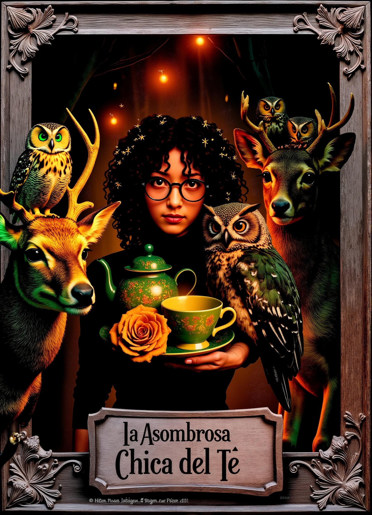 A hyperrealistic fantasy portrait of a young woman with curly dark hair and round glasses, holding a vintage green teapot and teacup on a tray with a golden rose. She stands surrounded by forest animals — deer with glowing eyes and owls perched on antlers — illuminated by warm golden fireflies in an enchanted twilight forest. The lighting is cinematic, glowing, and atmospheric, creating a sense of magical realism. The wooden frame around the scene is ornate and baroque, as if it were an old painting. Include the engraved text at the bottom: “La Asombrosa Chica del Té”.
Ultra-detailed textures, depth of field, realistic skin, natural reflections on glass and ceramics, volumetric warm light, painterly color grading, fantasy realism aesthetic, cinematic composition. Style: hyperrealistic cinematic fantasy
Aspect Ratio: 13:18
Prompt Weight: 1.2
Detail Enhancement: High
Lighting: Warm and volumetric