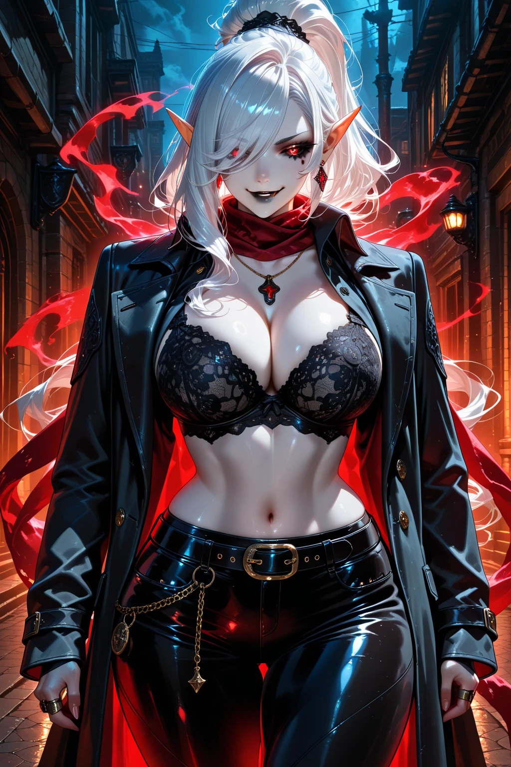 Kaneki cosplay, Lumine, danger, solo, crazy and evil smile, villain, blood, wearing short clothes, big breasts, cleavage, belly tattoo, holding a knife, highly detailed eyes, highly detailed face, highly detailed background, looking at the viewer