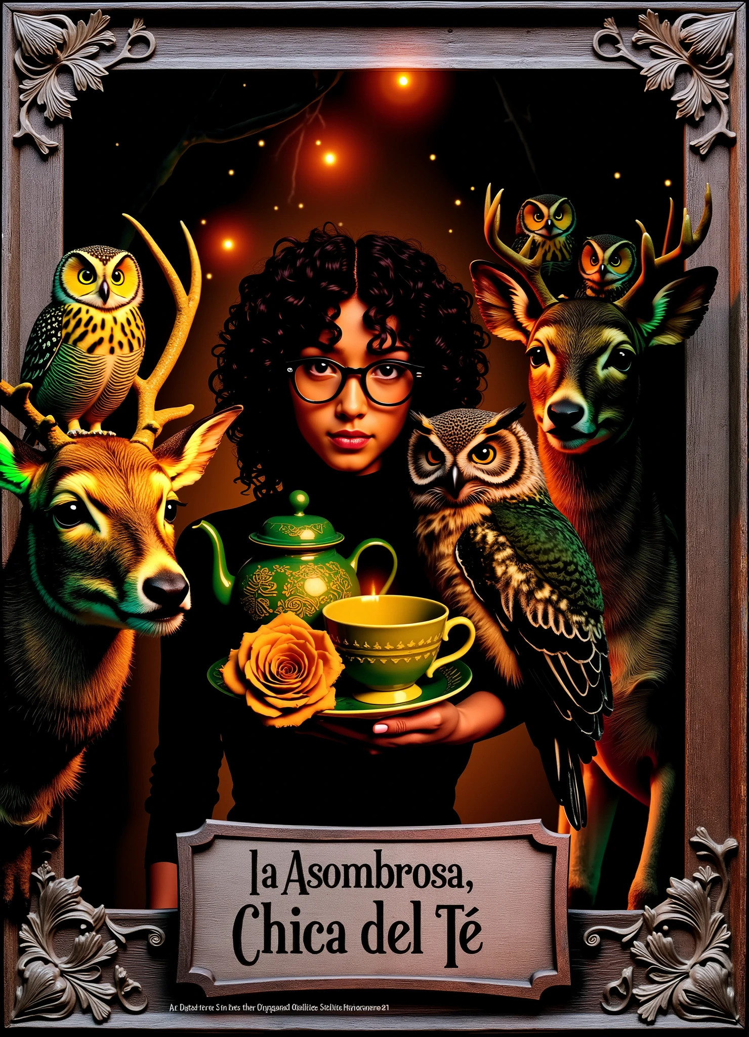 A hyperrealistic fantasy portrait of a young woman with curly dark hair and round glasses, holding a vintage green teapot and teacup on a tray with a golden rose. She stands surrounded by forest animals — deer with glowing eyes and owls perched on antlers — illuminated by warm golden fireflies in an enchanted twilight forest. The lighting is cinematic, glowing, and atmospheric, creating a sense of magical realism. The wooden frame around the scene is ornate and baroque, as if it were an old painting. Include the engraved text at the bottom: “La Asombrosa Chica del Té”.
Ultra-detailed textures, depth of field, realistic skin, natural reflections on glass and ceramics, volumetric warm light, painterly color grading, fantasy realism aesthetic, cinematic composition. Style: hyperrealistic cinematic fantasy
Aspect Ratio: 13:18
Prompt Weight: 1.2
Detail Enhancement: High
Lighting: Warm and volumetric