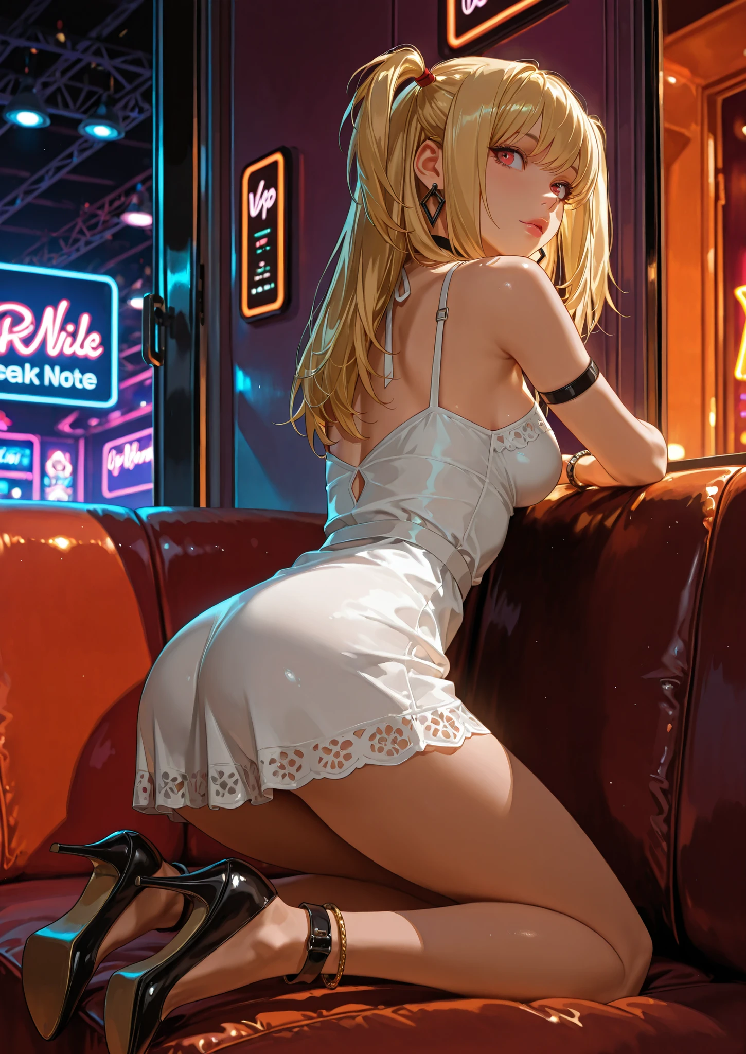 1girl, solo, amane misa, death note, short dress, kneeling on the couch, nightclub, vip lounge, short dress, bracelets, leg jewelry, high heels, looking back, naturally sagging medium breasts, seductive, sexy pose, alluring atmosphere, cinematic lighting, BREAK, masterpiece, superb quality,warm color,high resolution,high fashion,absurdres extremely,vivid colors,intricate details,best quality,amazing quality,very aesthetic,newest,ultra-detailed,nsfw,
