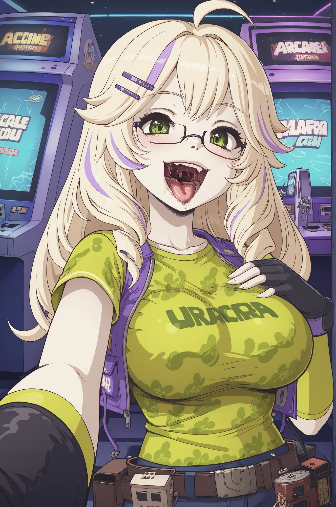 asha, long hair, blonde hair, hair ornament, green eyes, ahoge, multicolored hair, glasses, hairclip, streaked hair, large breasts,, shirt, gloves, black gloves, belt, pants, fingerless gloves, torn clothes, denim, jeans, green shirt, torn pants,, karbostyle, open mouth, drooling, 1girl, solo, open mouth, uvula, tongue, saliva, teeth, masterpiece, best quality, ultra detailed, smile, standing, reaching out with one hand, holding viewer, mouth focus, upper body, tongue out, eager, indoors, arcade, anthro, rabbit nose, hand on own chest, furry, massive breasts, thin waist, lips, buck teeth