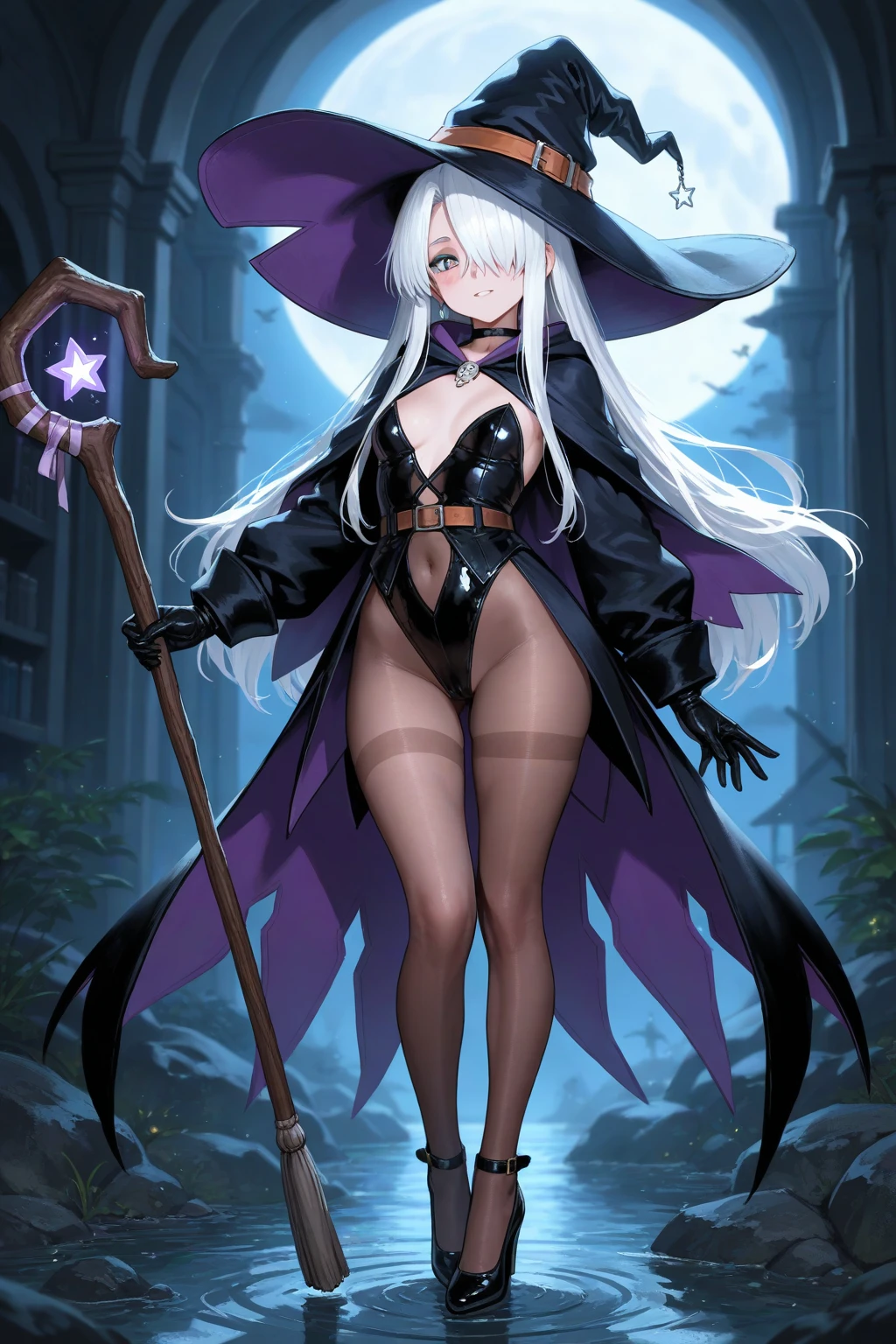 score_9, score_8_up, score_7_up, full body, cute face, sexy vampire, white hair, side braid, thighs, long hair, beautiful eyes, wet skin, witch hat, dynamic pose, holding a staff, small breasts, concept art, b0ld4n1m3, monochrome expressiveh