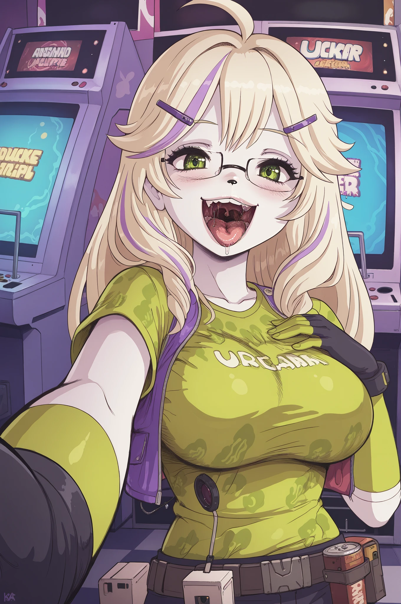 asha, long hair, blonde hair, hair ornament, green eyes, ahoge, multicolored hair, glasses, hairclip, streaked hair, large breasts,, shirt, gloves, black gloves, green fingers, green shirt, karbostyle, open mouth, drooling, 1girl, solo, open mouth, uvula, tongue, saliva, teeth, masterpiece, best quality, ultra detailed, smile, standing, reaching out with one hand, holding viewer, mouth focus, upper body, tongue out, eager, indoors, arcade, anthro, rabbit nose, hand on own chest, furry, massive breasts, thin waist, lips, buck teeth, upper body, black nose, shirt pattern,