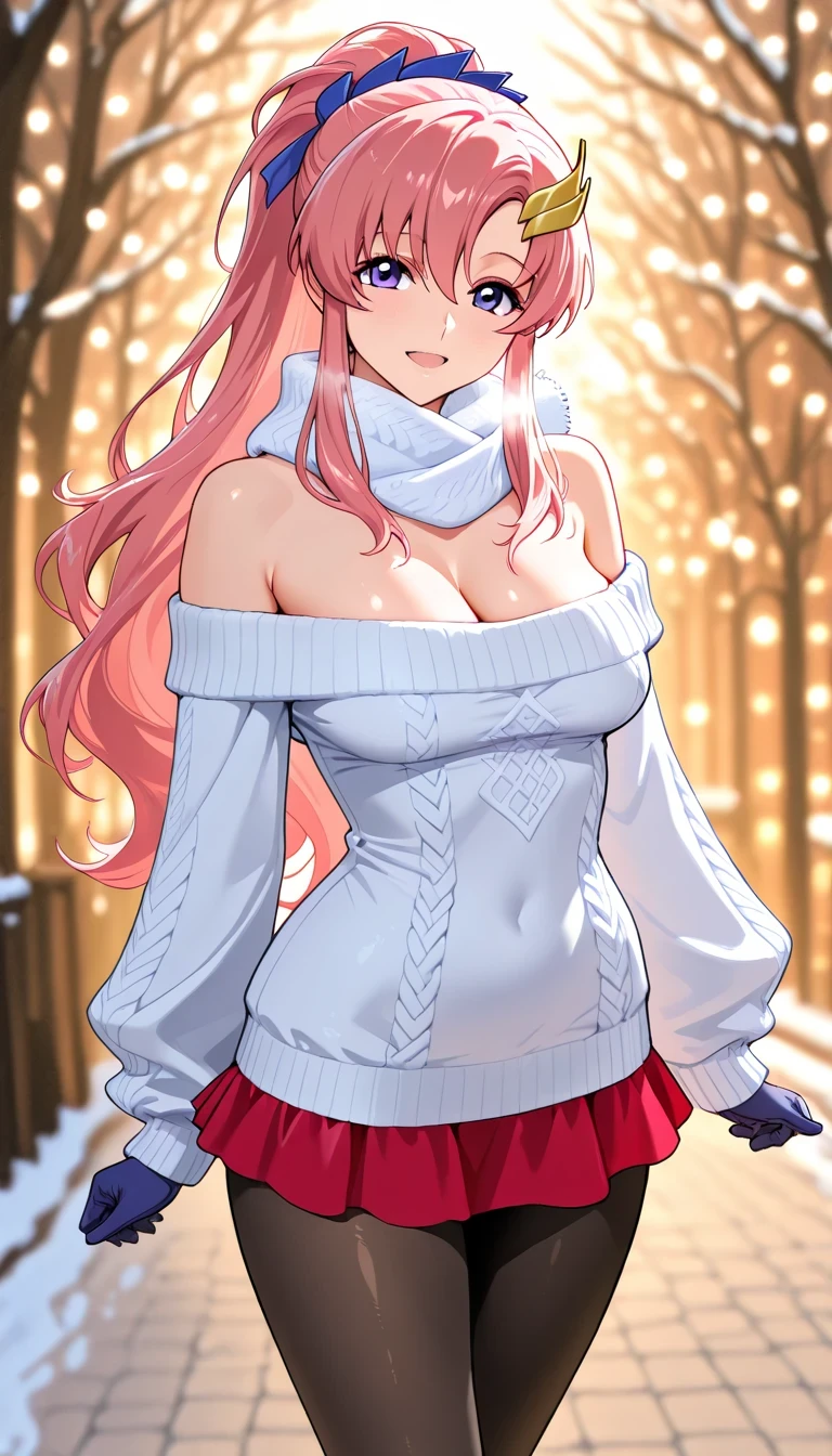 score_9, score_8_up, score_7_up, source_anime, Top Quality、8k、masterpiece、natural light、and high precision、perfect anatomy、solo, small , (sagging :1.1), (voluptuous body:1.3), lacus_c, long hair, ponytail, pink hair, hair between eyes, purple eyes, (Happy Expression:1.2, white breath), looking at viewer, oversized Off-the-Shoulder Sweater, Cleavage, red mini skirt, black shiny pantyhose, Perfect pantyhose, winter scarf, gloves, (Winter park、 Lots of Snow , blurry background), standing, Stylish pose
