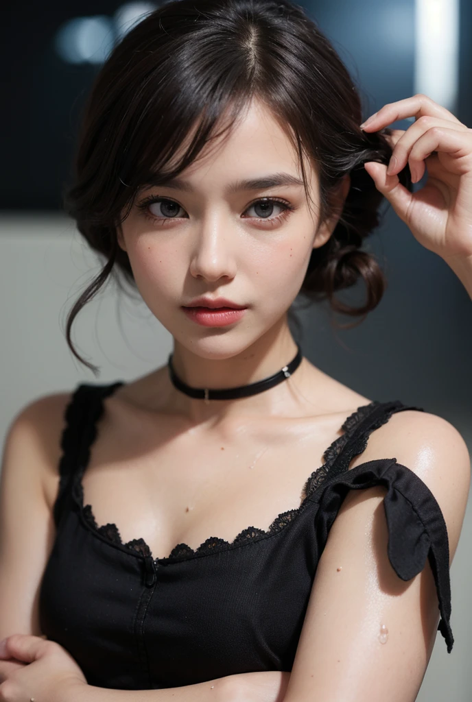 mix4, (8k, RAW photo, best quality, masterpiece: 1.45), (realistic, photorealistic: 1.37), one girl, cute, cityscape, night, rain, wet, professional lighting, photons mapping, radiosity, physically based rendering, gradient black hair, gray hair, short curly hair, handsome, girl, loose black lace(((Deep V-neckline)))slip dress, top quality photo, high res, 1080p, (clear face), (detailed face description), (detailed hand description), (masterpiece), (exquisite CG), extreme light and shadow, disheveled hair, master work, rich details, (fine  features), (highest quality photo), (masterpiece), (detailed eyes), look in front of you eyes, fine clavicle, ((big breasts, huge )),(((_slip))),((puffy )),((sideboob)),(underboob),(((collar))),earrings,cleavage,(:1.2)