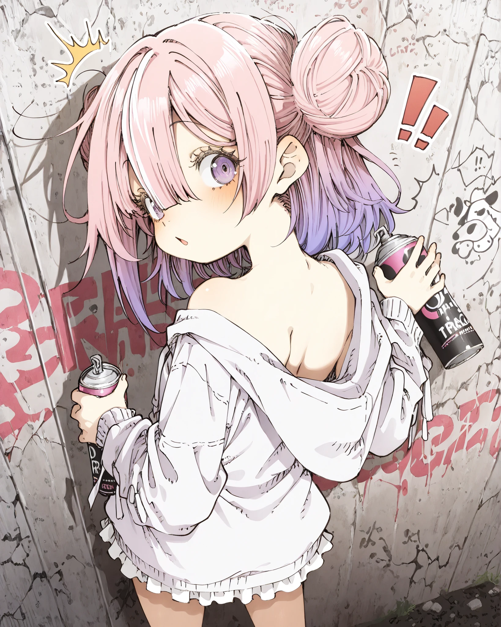 ((Abara Heiki style)), ((Masterpiece)), ((best quality, amazing quality)), ((very aesthetic, absurdres, newest)), ((detailed background, negative space, Asymmetrical background)), ((dynamic angle, back view, back shot, )), ((1girl)), Cute young Girl, (Healthy Gaunt body, Textured skin, small , cleavage, tilt head), ((!!, ^^^)), Big eyes, (@@, pale purple eyes, gradient eyes, averting eyes, looking at side), (hair between eyes, long bangs, long side bangs), double bun, (gradient hair, pink color Hair Tip, medium hair), ((surprised face)), (triangle mouth), open mouth, (cute cheeks), glossy lips, pouty lips, (lower eyelashes), Beautiful collarbones, BREAK, (wearing Cow-patterned oversized hoodie, loose hoodie, strap sleeves), ruffled skirt, ((She has graffitiing on the wall, scribbling, Hold the spray can in left hand, hold by self)), (hunched over, standing against the graffiti wall),  graffiti wall, outdoor, aged concrete wall, distinct, (heavy outline),