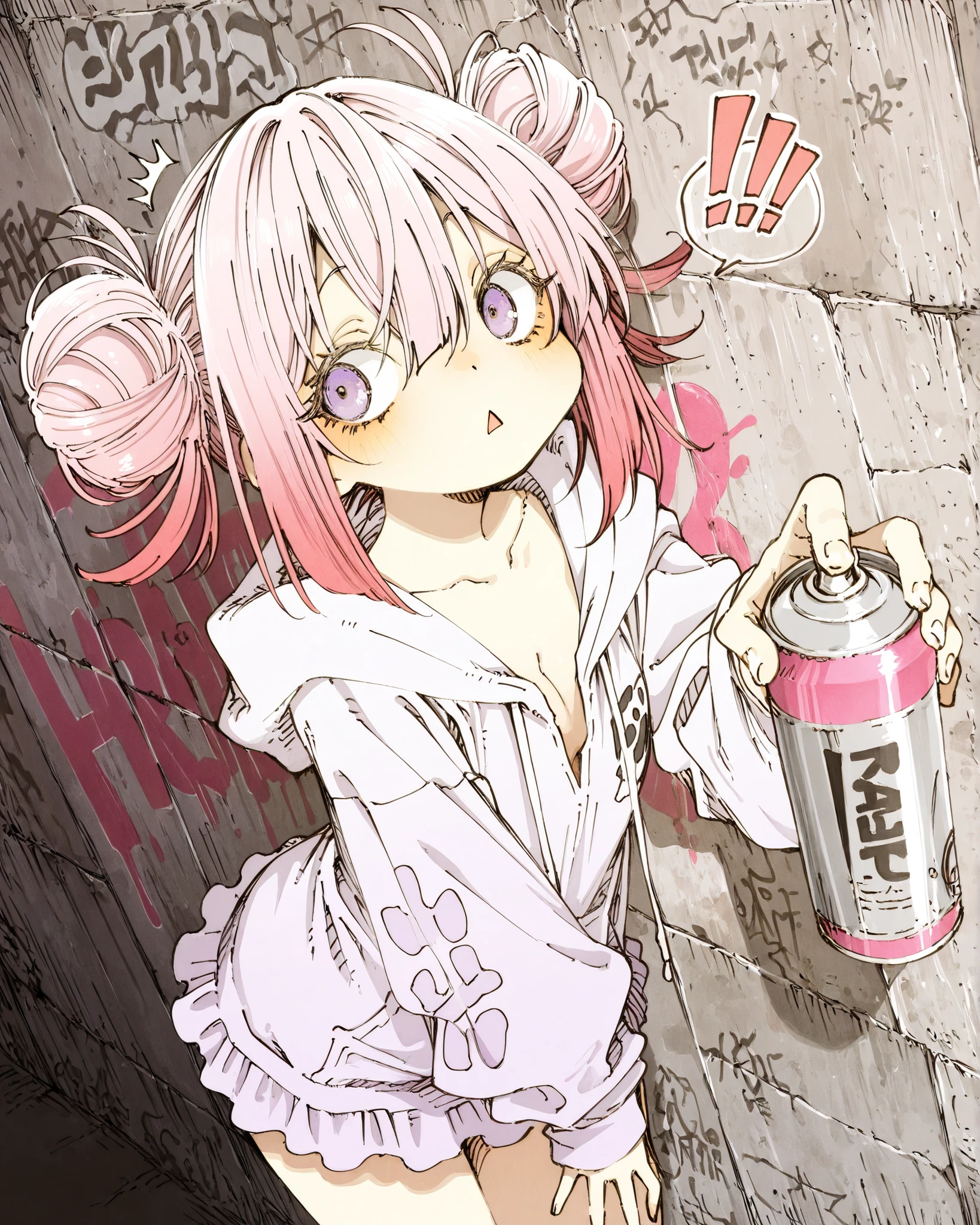 ((Abara Heiki style)), ((Masterpiece)), ((best quality, amazing quality)), ((very aesthetic, absurdres, newest)), ((detailed background, negative space, Asymmetrical background)), ((dynamic angle, )), ((1girl)), Cute young Girl, (Healthy Gaunt body, Textured skin, small , cleavage, tilt head), ((!!, ^^^)), Big eyes, (@@, pale purple eyes, gradient eyes, averting eyes, looking at side), (hair between eyes, long bangs, long side bangs), double bun, (gradient hair, pink color Hair Tip, medium hair), ((surprised face)), (triangle mouth), open mouth, (cute cheeks), glossy lips, pouty lips, (lower eyelashes), Beautiful collarbones, BREAK, (wearing Cow-patterned oversized hoodie, loose hoodie, strap sleeves), ruffled skirt, ((She has graffitiing on the wall, scribbling, Hold the spray can in left hand, hold by self)), (hunched over, standing against the graffiti wall), graffiti wall, outdoor, aged concrete wall, distinct, (heavy outline),
